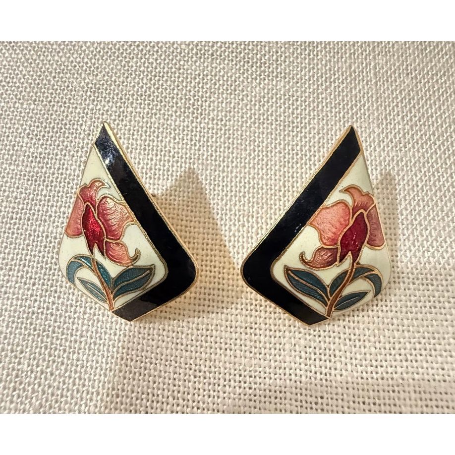 Other Vintage Signed Cloisonné Floral Post Earrings Gold Tone Size ONE SIZE - 3 Thumbnail
