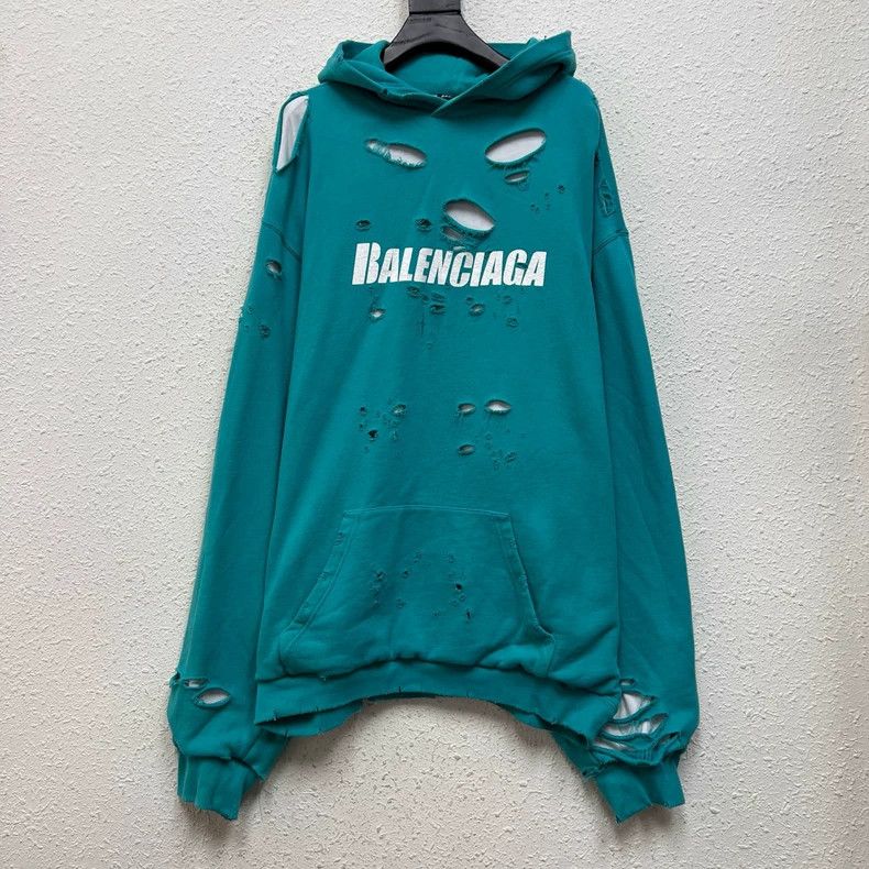 Balenciaga Balenciaga Distressed Teal Hoodie - dmc Size US M / EU 48-50 / 2 - 1 Thumbnail