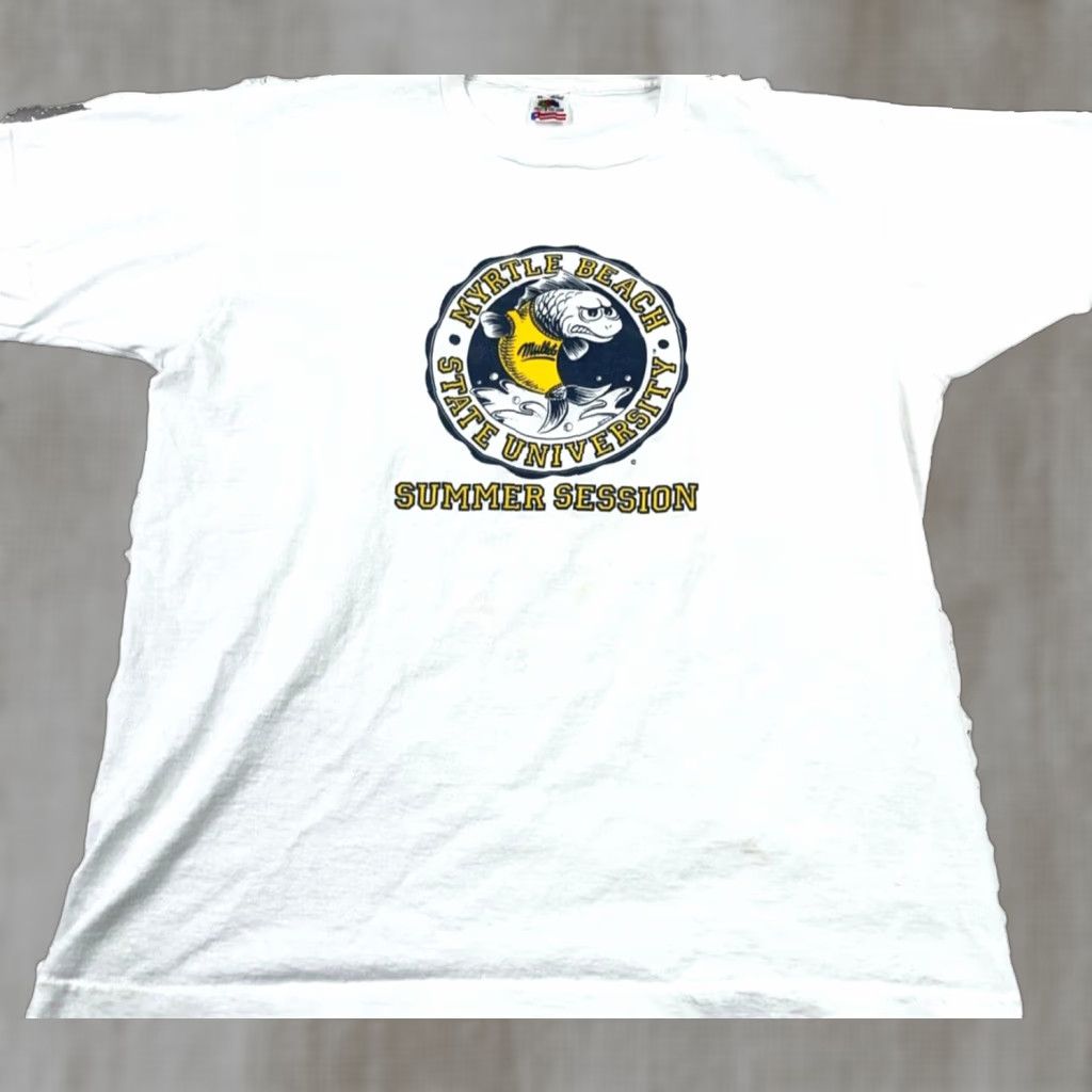 Fruit Of The Loom VINTAGE Fruit of the Loom Shirt Mens XL White 80s 90s Graphic Print Stains Single Stitch Sports Retro School TV Fish Myrtle Beach Mullets Tee Size US XL / EU 56 / 4 - 1 Thumbnail