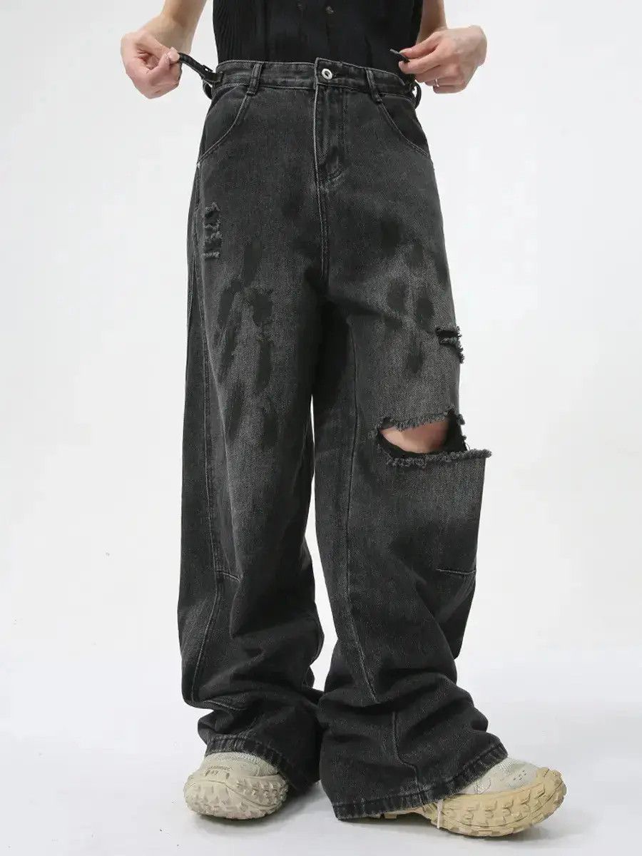 Japanese Brand Retro loose straight leg ripped jeans Size US 32 / EU 48 - 2 Thumbnail
