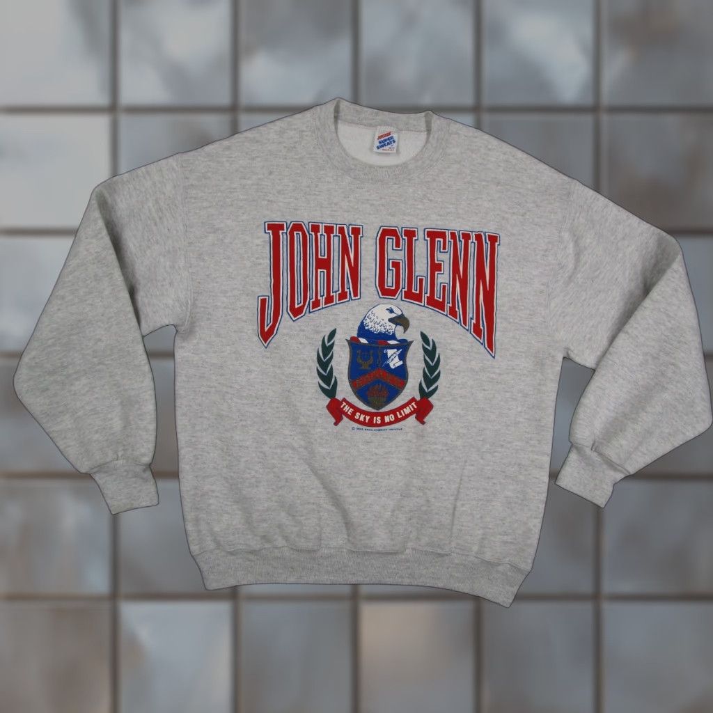 VINTAGE JERZEES Sweatshirt Mens M Gray 1992 John Glenn Graphic Pullover Crew Neck Fleece Made in USA