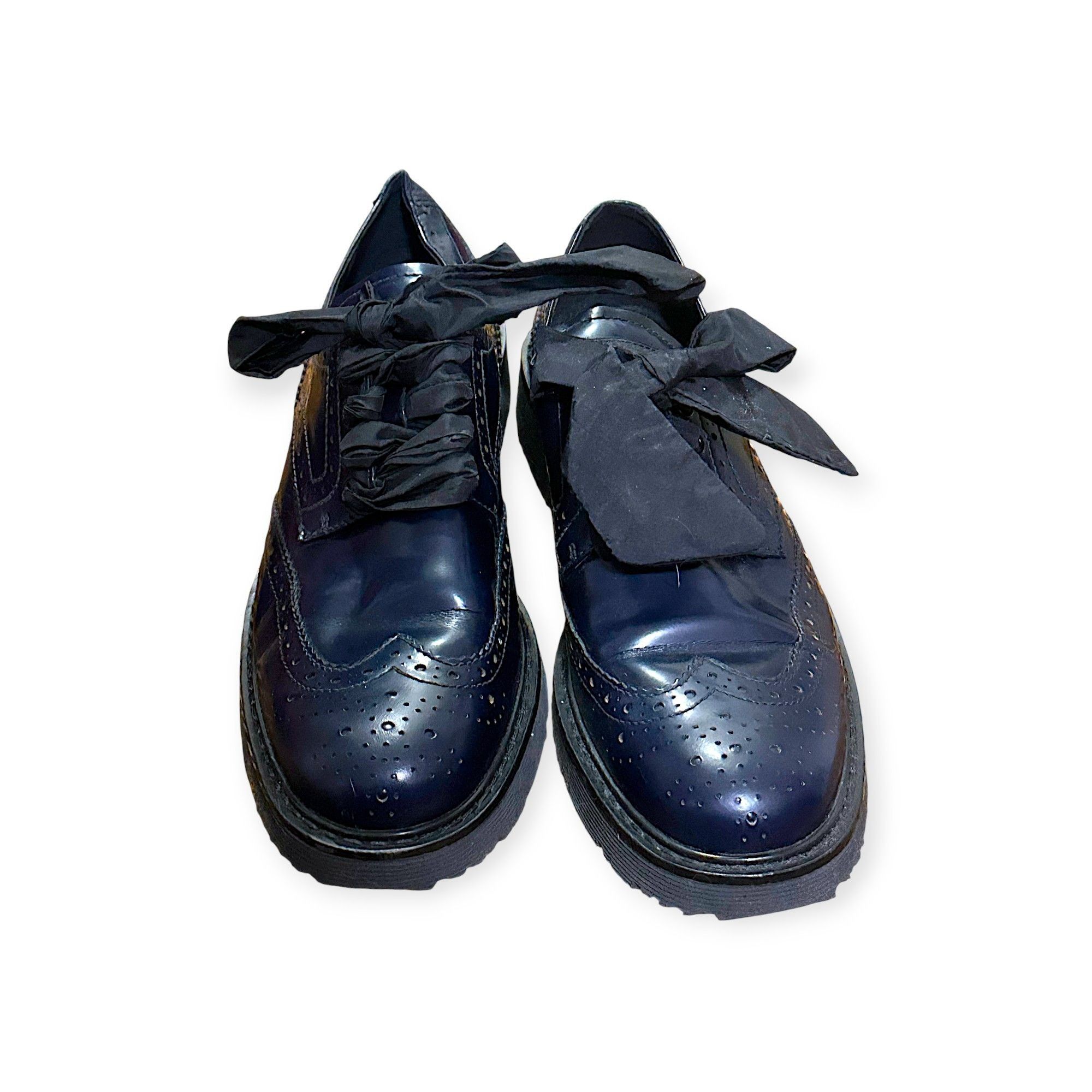 Prada Prada Wingtip Oxford Ribbon Tie Shoes Navy Calf Leather 38.5 Size US 8.5 / IT 38.5 - 3 Thumbnail