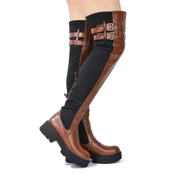 Other Techno Tan Black Stretch Panel Lug Sole Thigh High Boots Wid Size US 7.5 / IT 37.5 - 1 Thumbnail