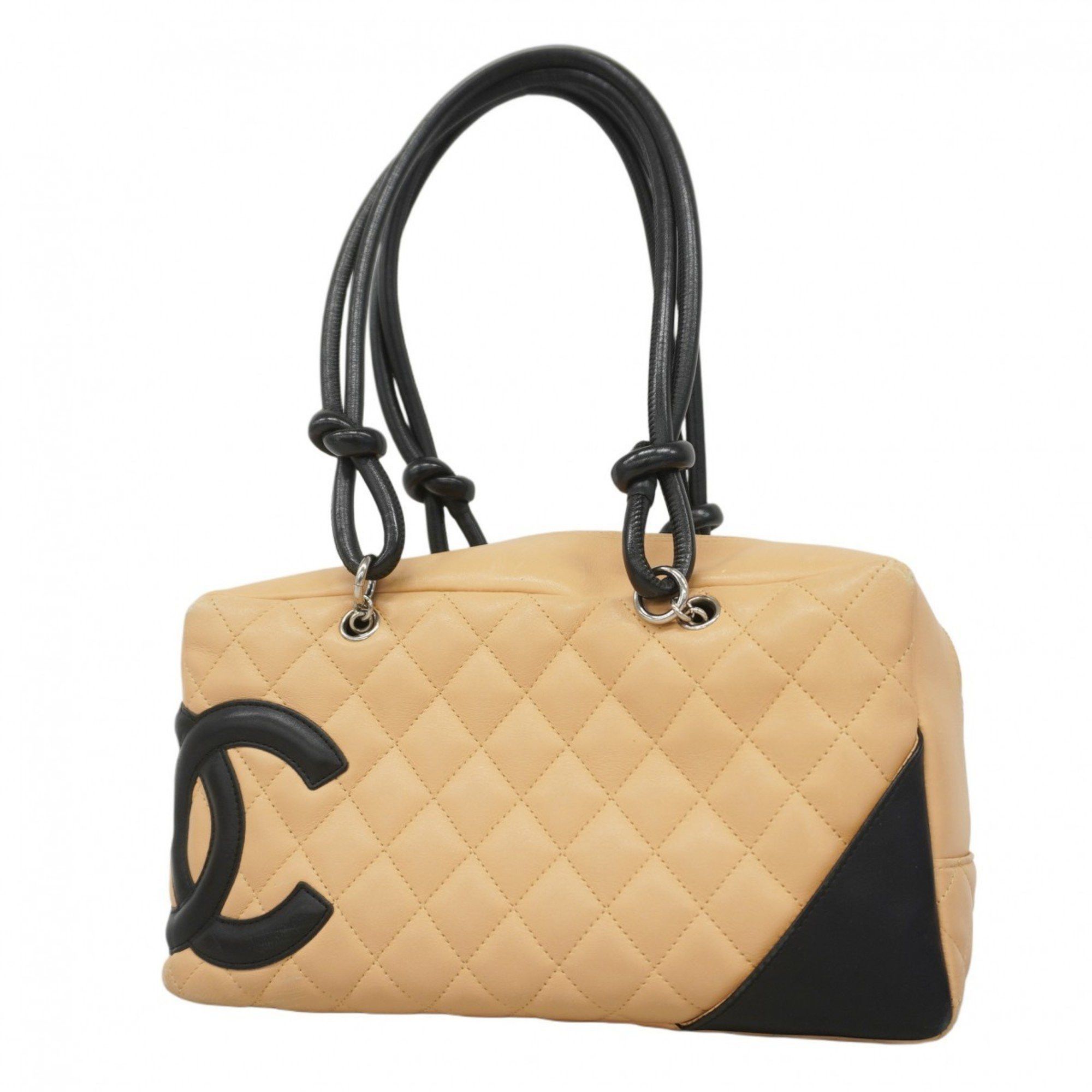 Chanel Shoulder Bag Cambon Lambskin Beige Black Women's