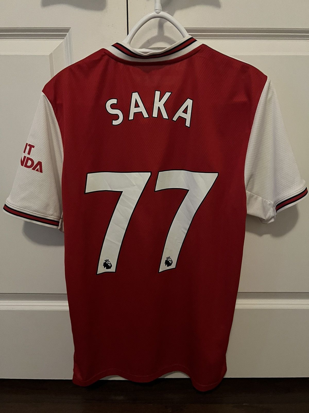 image of Adidas x Soccer Jersey Bukayo Saka Arsenal 77 Shirt 19/20 in Red, Men's (Size Medium)