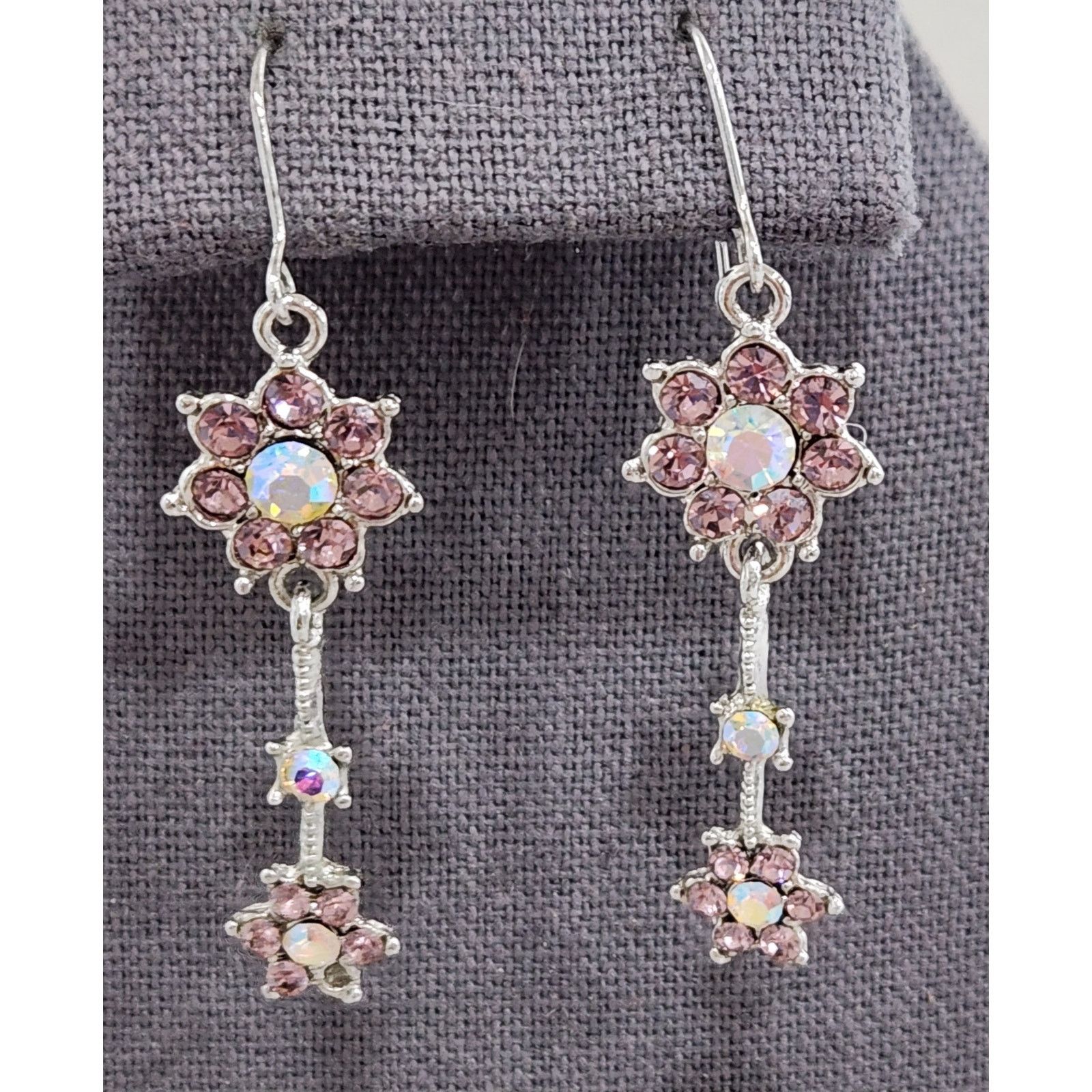 Other Silver Pink White Rhinestones Flower Dangle Hook Earrings Size ONE SIZE - 1 Thumbnail