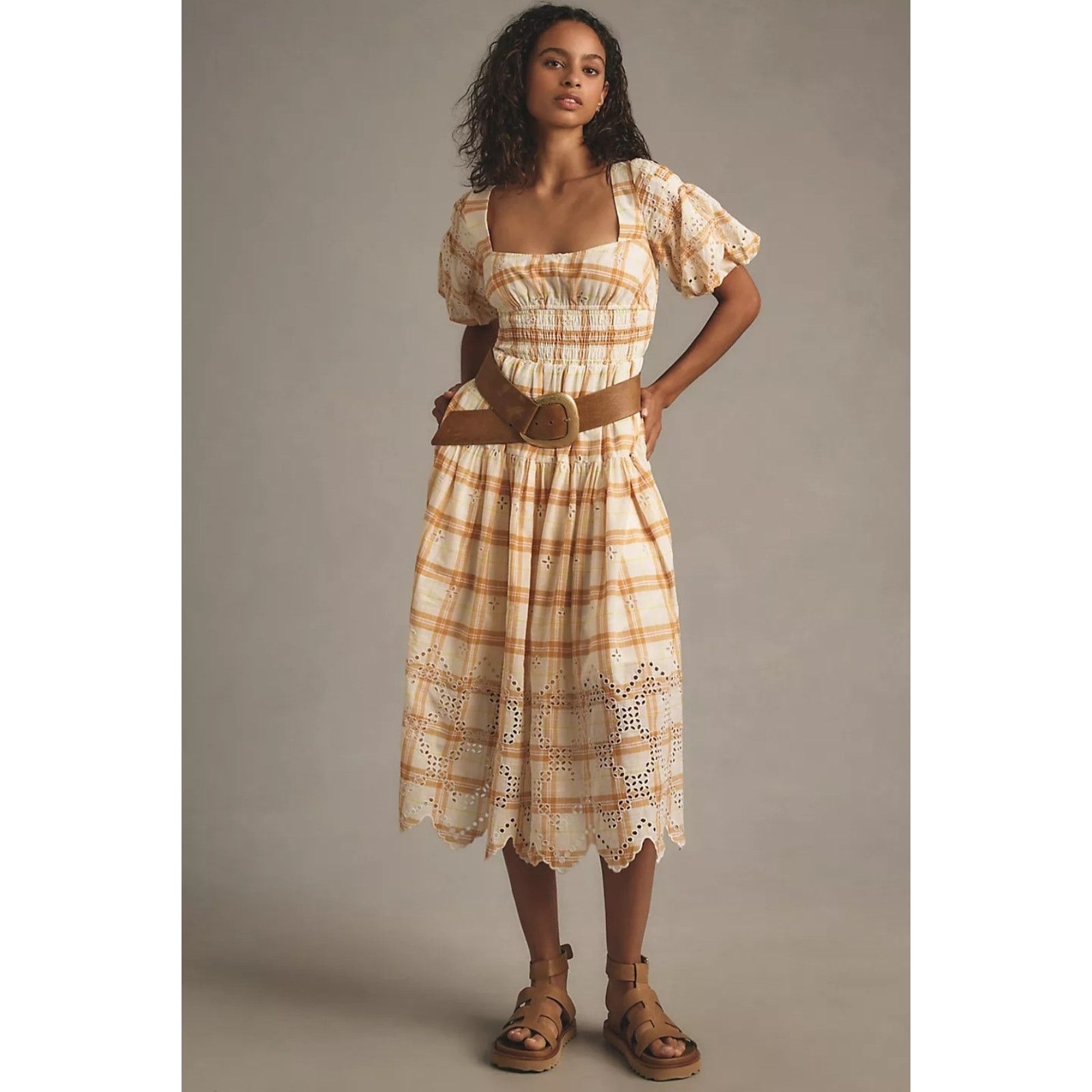 Anthropologie NWT Puff-Sleeve Eyelet Midi Dress $188 MEDIUM PETITE Smocked Size M / US 6-8 / IT 42-44 - 4 Thumbnail