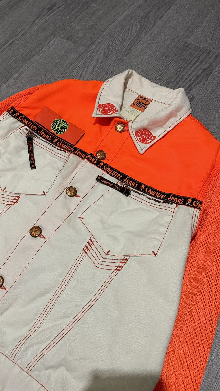 Jean Paul Gaultier Jean Paul Gaultier Jeans Orange & Cream Mesh Sleeve Jacket Size US S / EU 44-46 / 1 - 2 Thumbnail