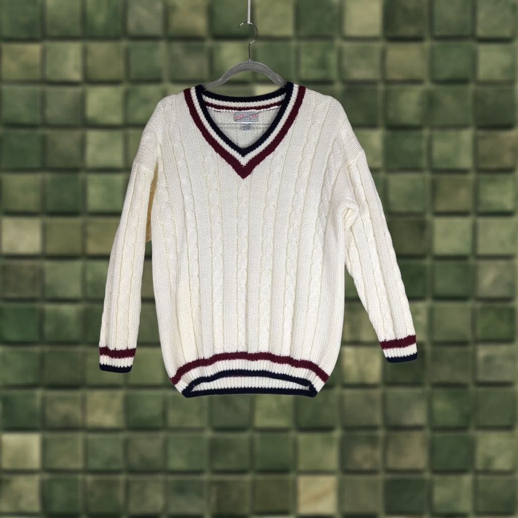 Vintage VINTAGE Spice of Life Cricket Varsity Tennis Sweater Cable Knit V Neck Womens L Creamy white 1990s Preppy Sportswear Womens Size L / US 10 / IT 46 - 1 Thumbnail