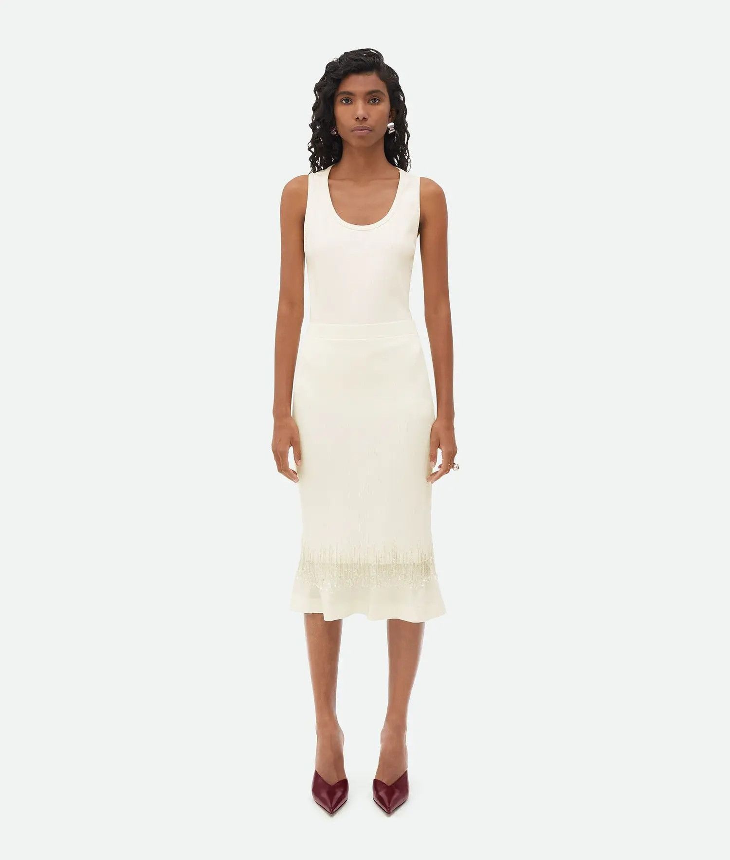 Bottega Veneta o1n1vont0425 Crystal Embroidered Jersey Midi Skirt in Chalk Size 27" / US 4 / IT 40 - 1 Thumbnail