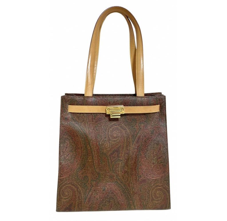 image of Vintage Etro Classic Wine Paisley Kelly Bag Style Shoulder Bag With Golden E Motif At Closure. Perf