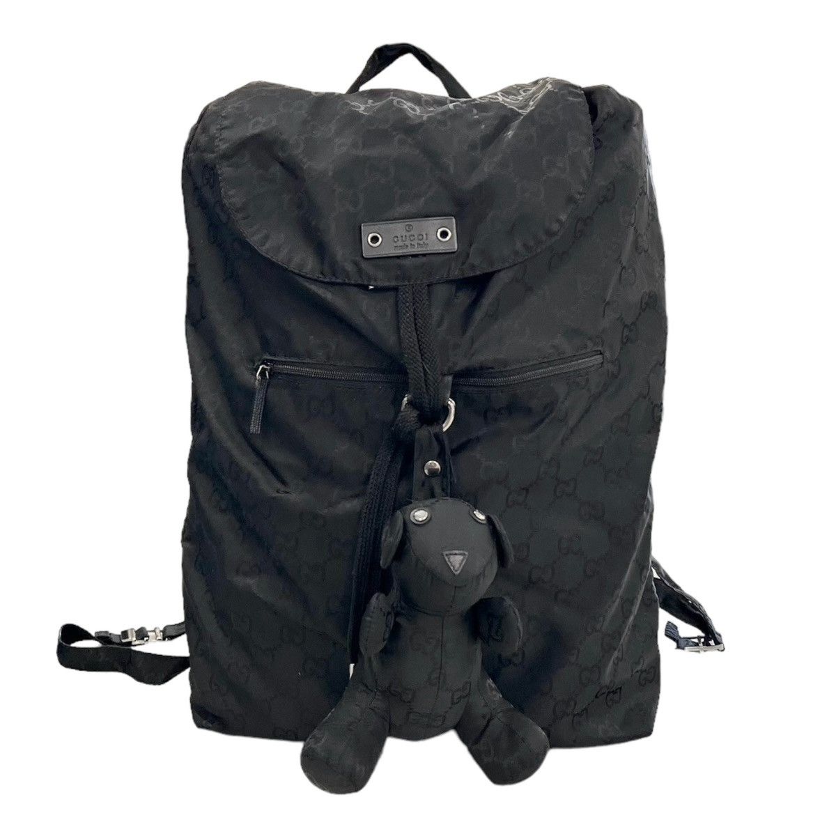 image of Gucci Monogram Nylon Bear Charm Backpack in Black, Women's