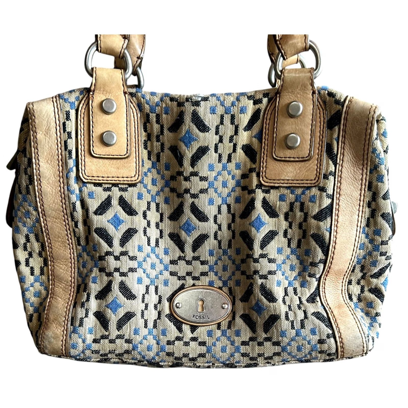 Fossil Fossil Marlow Satchel Fabric Leather Black Blue Accent Purse Handbag Women’s Size ONE SIZE - 2 Thumbnail