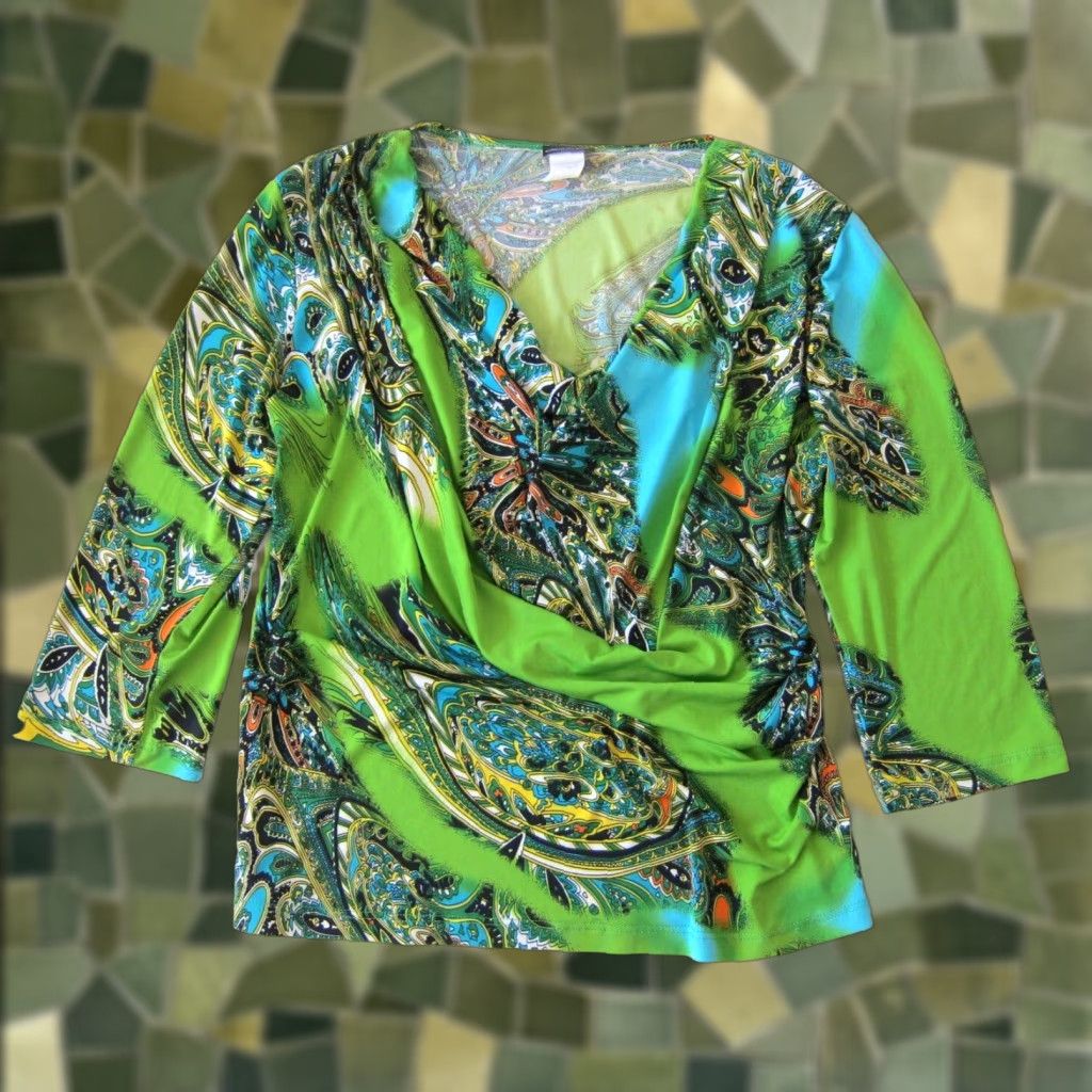 Vintage Caribe Blouse 3/4 Sleeve Ruched Neck Paisley Stretch M Green Black Blue Floral Shirt Womens Size M / US 6-8 / IT 42-44 - 1 Thumbnail