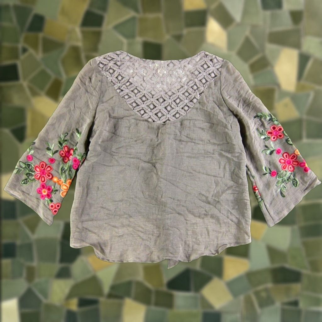 Anthropologie Fig And Flower Brown Pink Embroidered Floral V-Neck Tie Blouse L Size L / US 10 / IT 46 - 1 Thumbnail