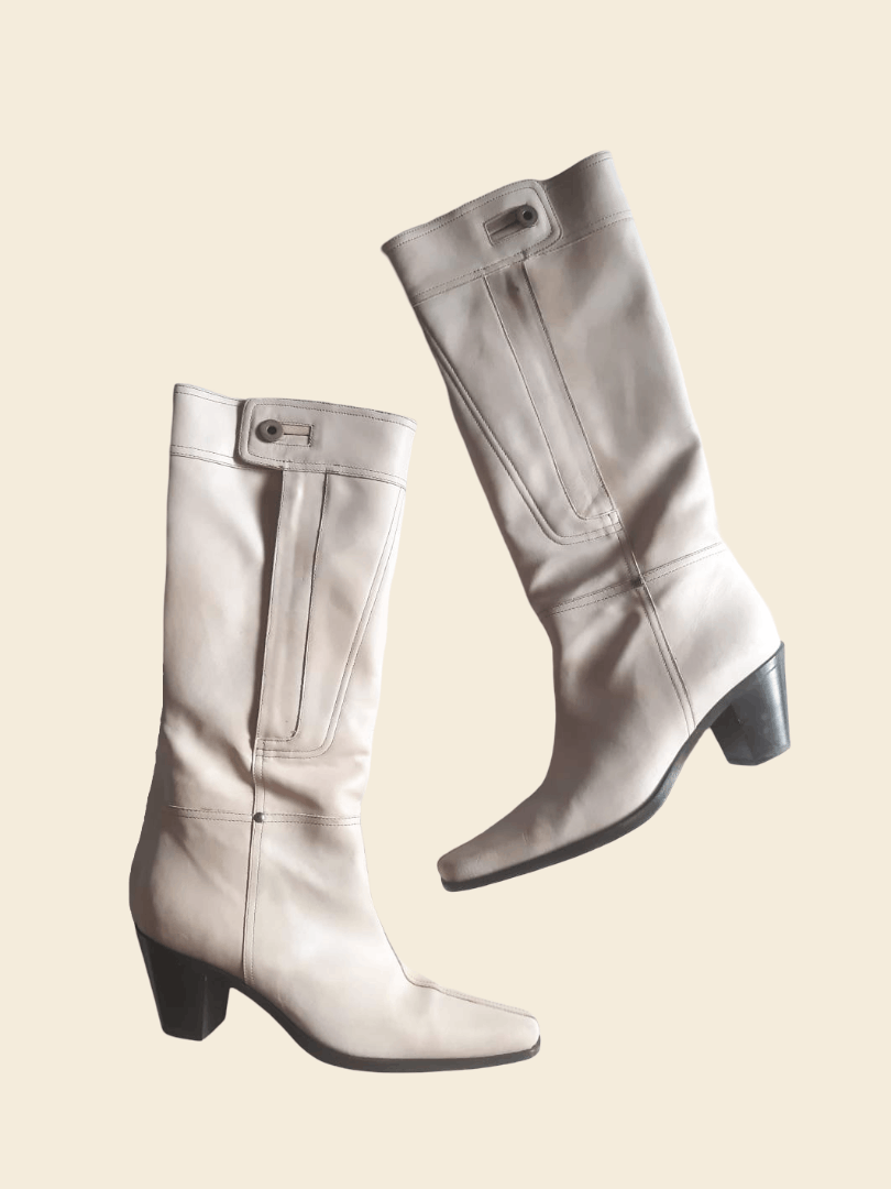 Miu Miu MiuMiu FW 2002 Vintage Beige Zip-fly Leather Cowboy Boots Size US 10 / IT 40 - 1 Thumbnail