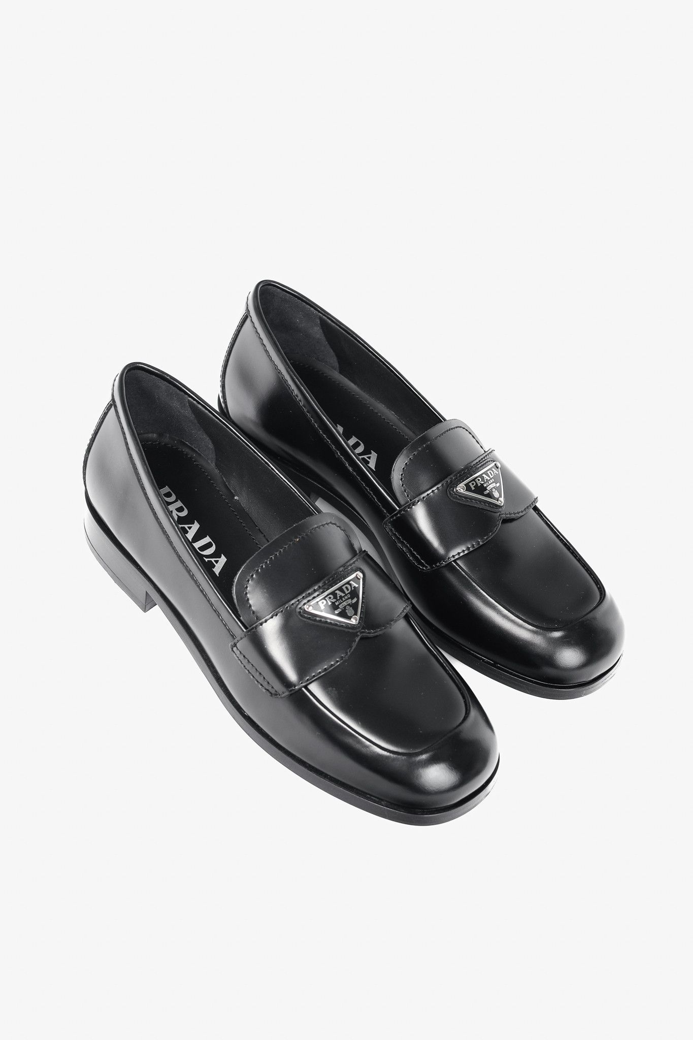 Prada Prada Nero Spazzolato Brushed Leather Logo Loafers Size US 4.5 / IT 34.5 - 1 Thumbnail