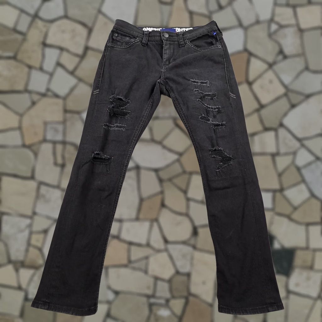 Vintage American Fighter Jeans Mens 31x30 Black Denim Straight Fit Distressed Buckle Size US 31 - 1 Thumbnail