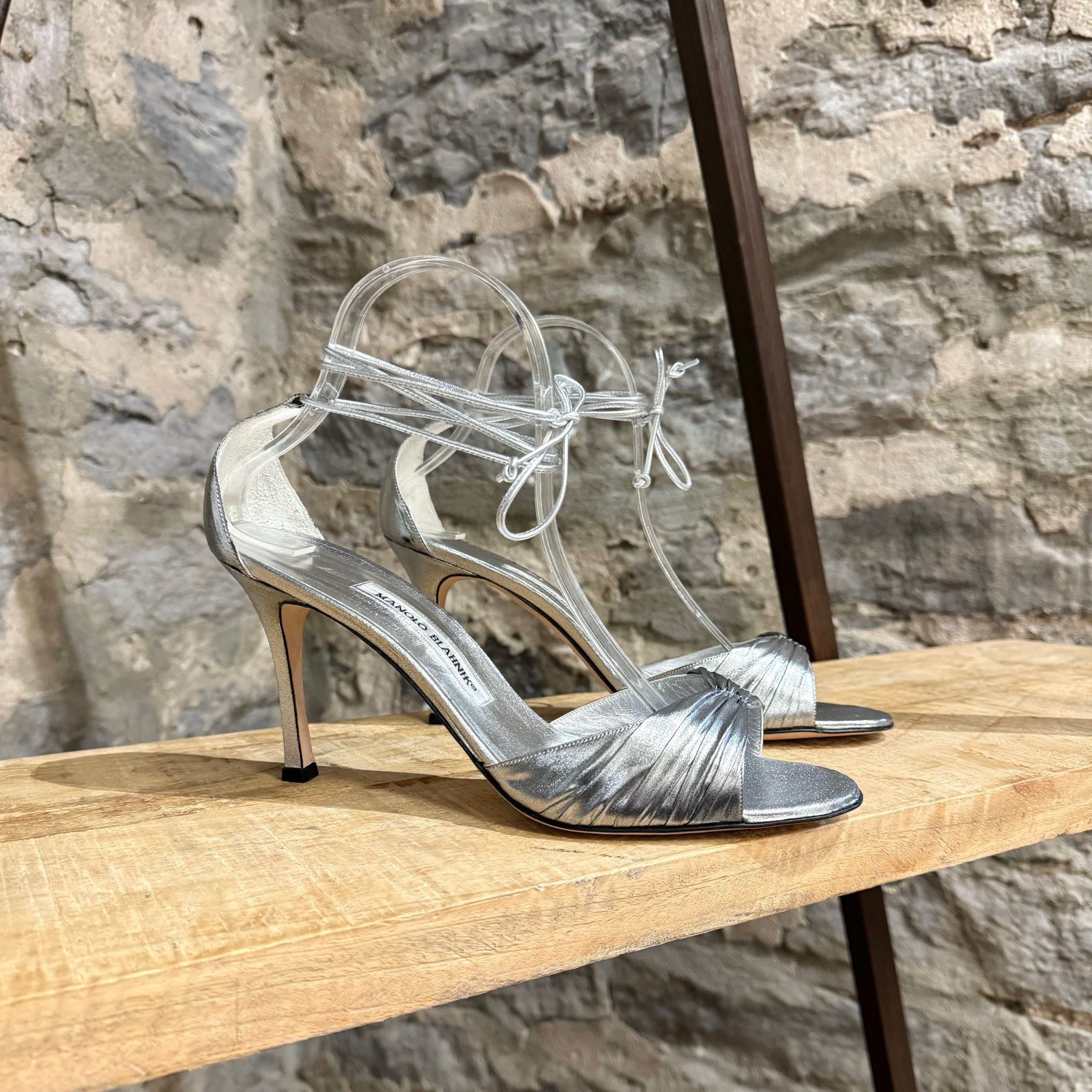 image of Manolo Blahnik Metallic Silver Wrap Around Heel Shoesed Sandals, Women's (Size 11)