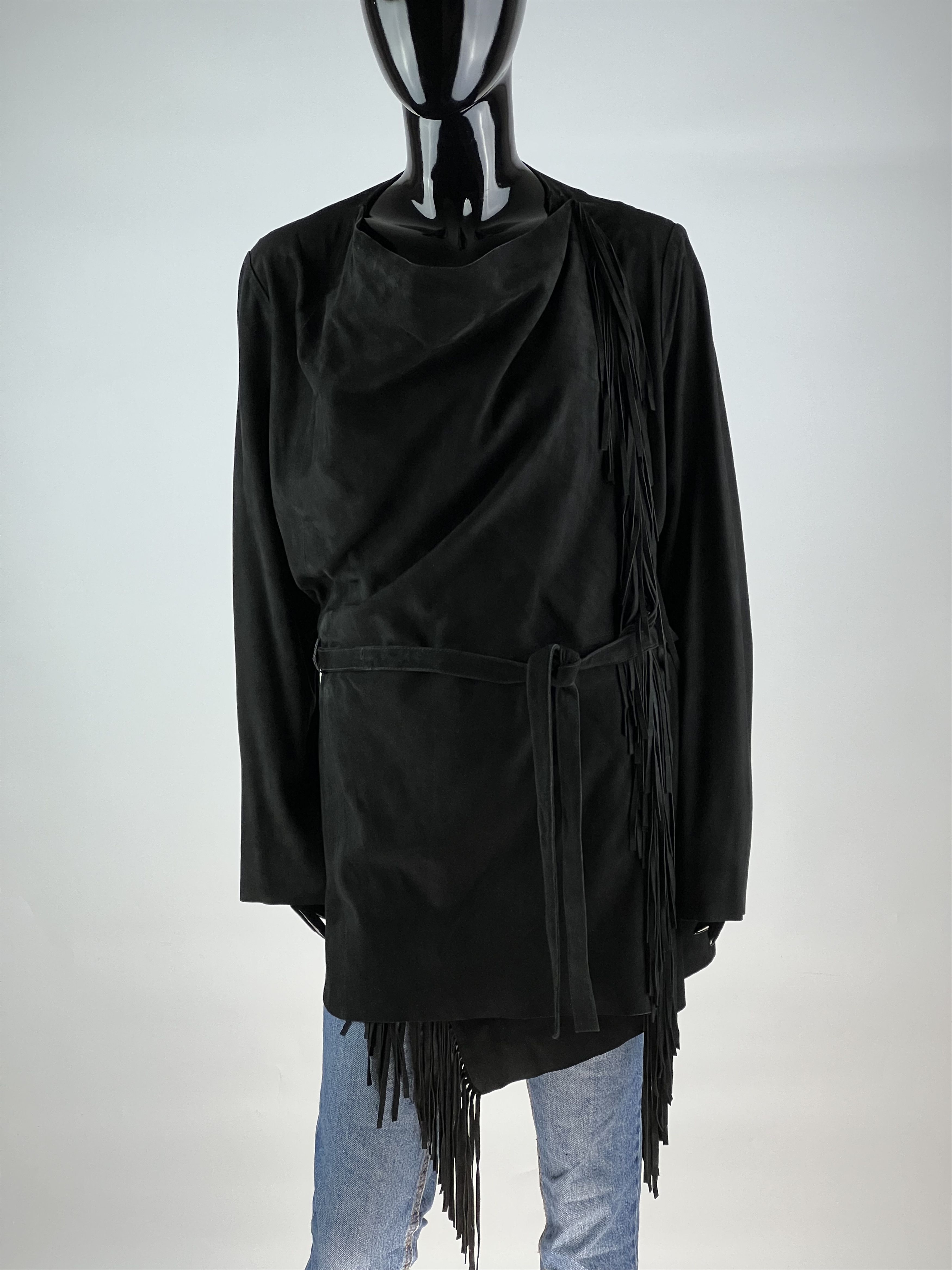 Other Uterque Black Suede Fringers Belted Jacket Size L Size L / US 10 / IT 46 - 1 Thumbnail