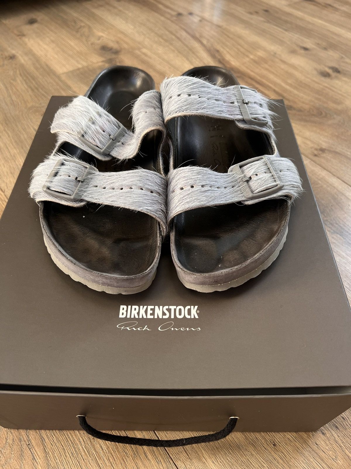 image of Birkenstock Arizona Pony Hair Sandals in Grey, Men's (Size 9)