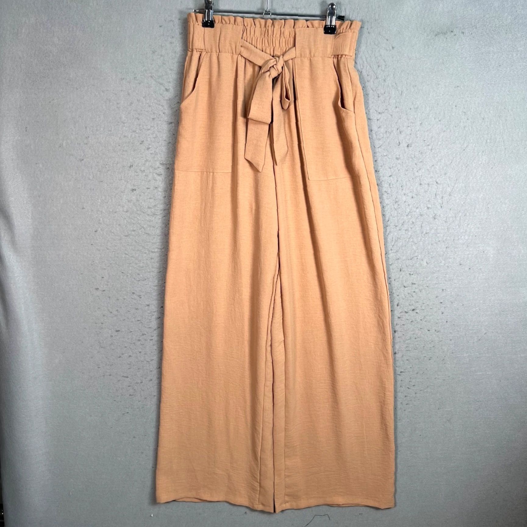 Vintage Iwollence Womens Small High-Waisted Tan Wide-Leg Pants With Tie Waist & Pockets Size 28" / US 6 / IT 42 - 2 Thumbnail