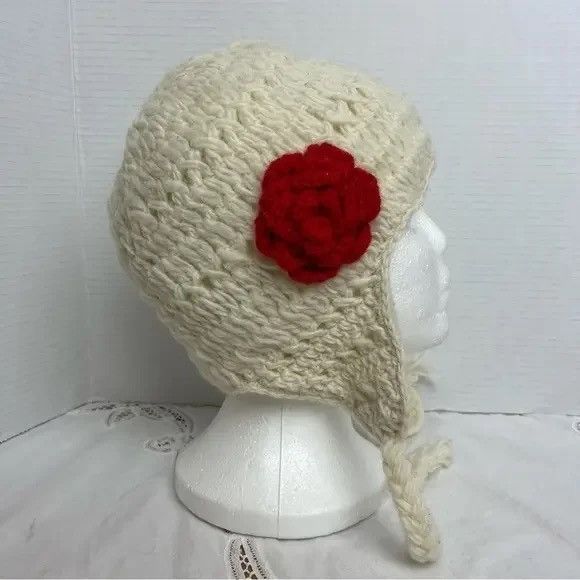 Other Cream with red flower Fully Lined winter‎ Hat One Size Size ONE SIZE - 1 Thumbnail