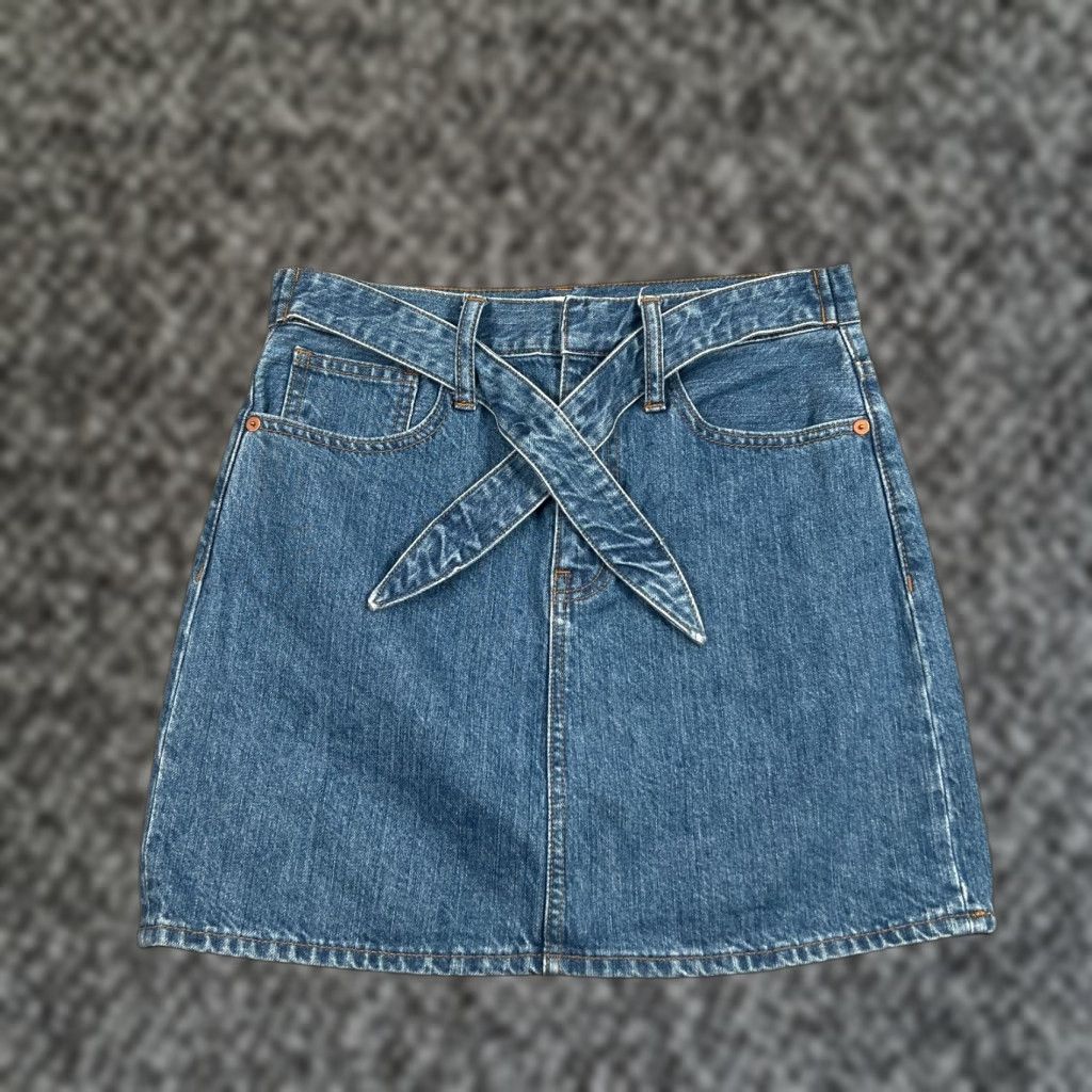 Madewell Madewell Denim Skirt Womens 25 Blue A-Line High Rise Tie Waist Pockets Bohemian Size 42" / US 20 - 1 Thumbnail