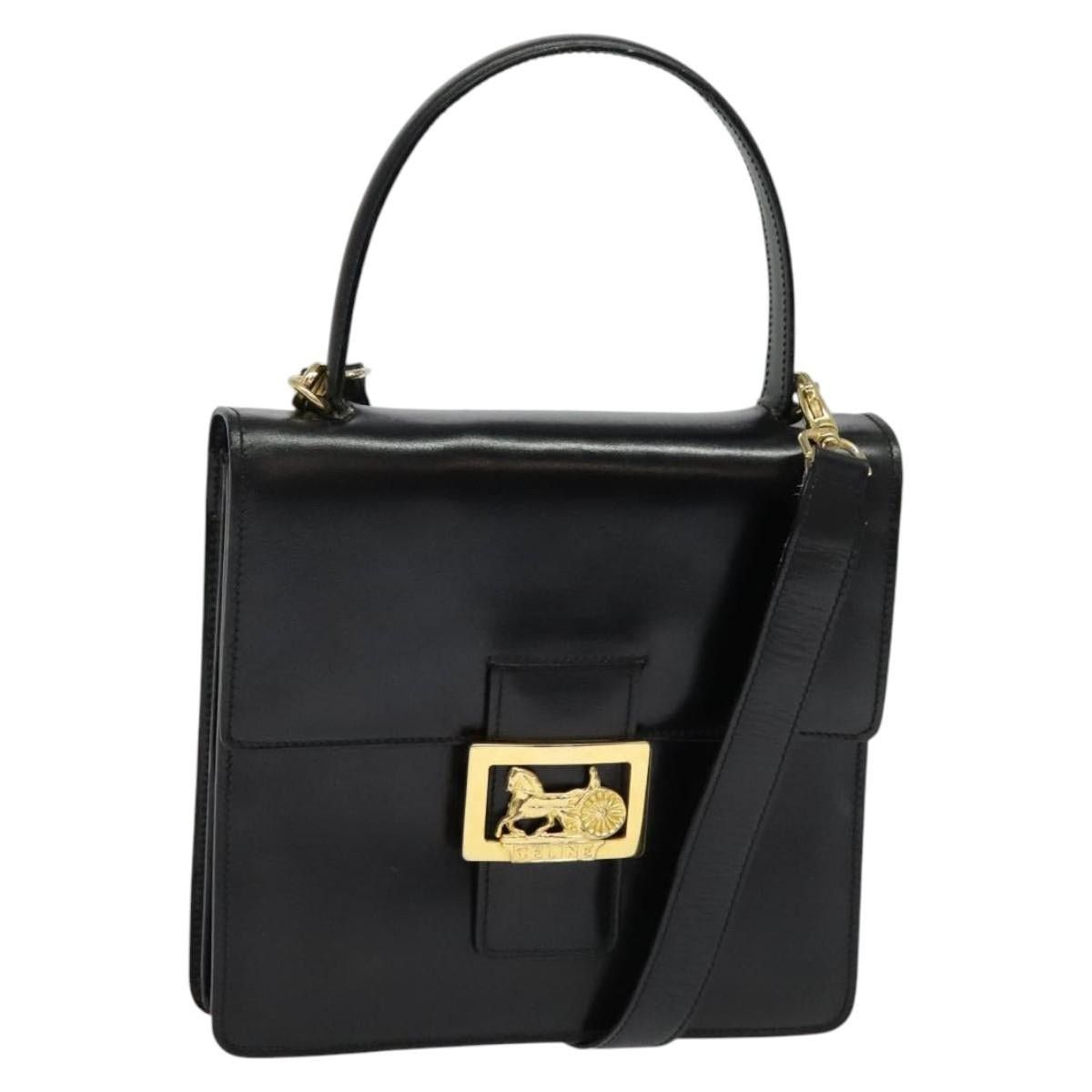 CELINE Hand Bag Leather Black Gold