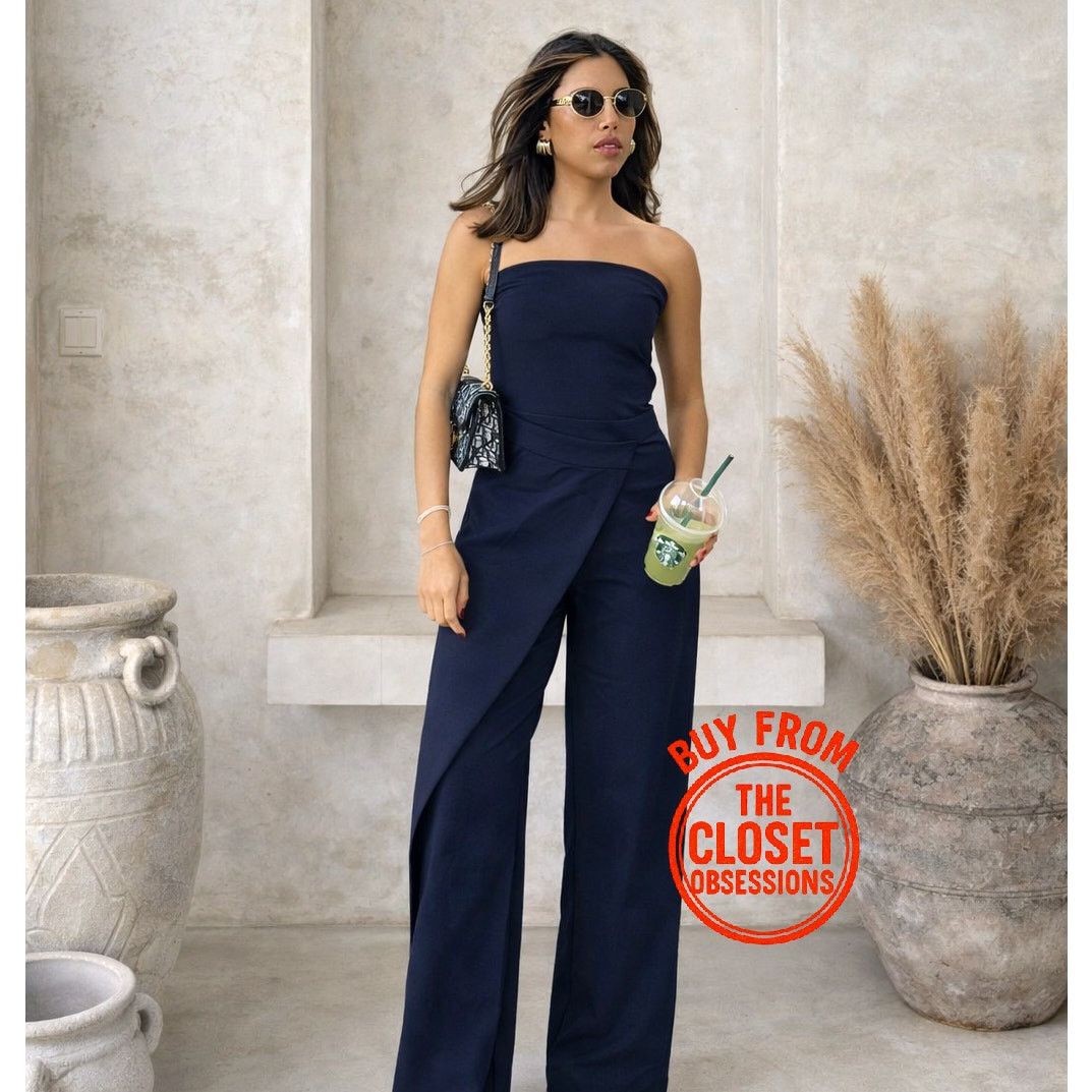 Zara ZARA Navy Strapless Wide Leg Jumpsuit Elegant Palazzo NWT Size 32" / US 10 / IT 46 - 7 Thumbnail