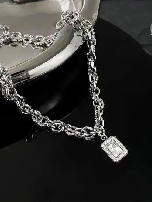 Jewelry × Vintage Retro Punk Vintage Silver Chain Minimal Rhinestone Necklace Size ONE SIZE - 1 Thumbnail
