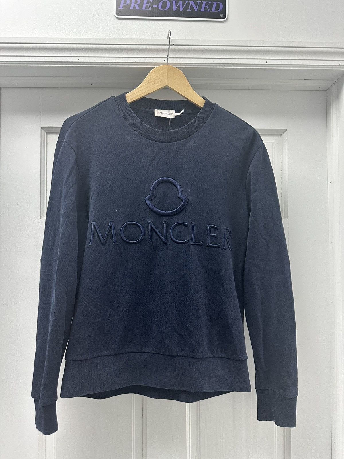 image of Moncler Logo Reflective Crewneck in Navy, Men's (Size Small)