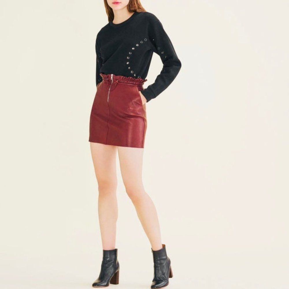 Maje NWT New $570 Maje Draw cord Burgundy Leather Mini Skirt Siz Size 30" / US 8 / IT 44 - 1 Thumbnail
