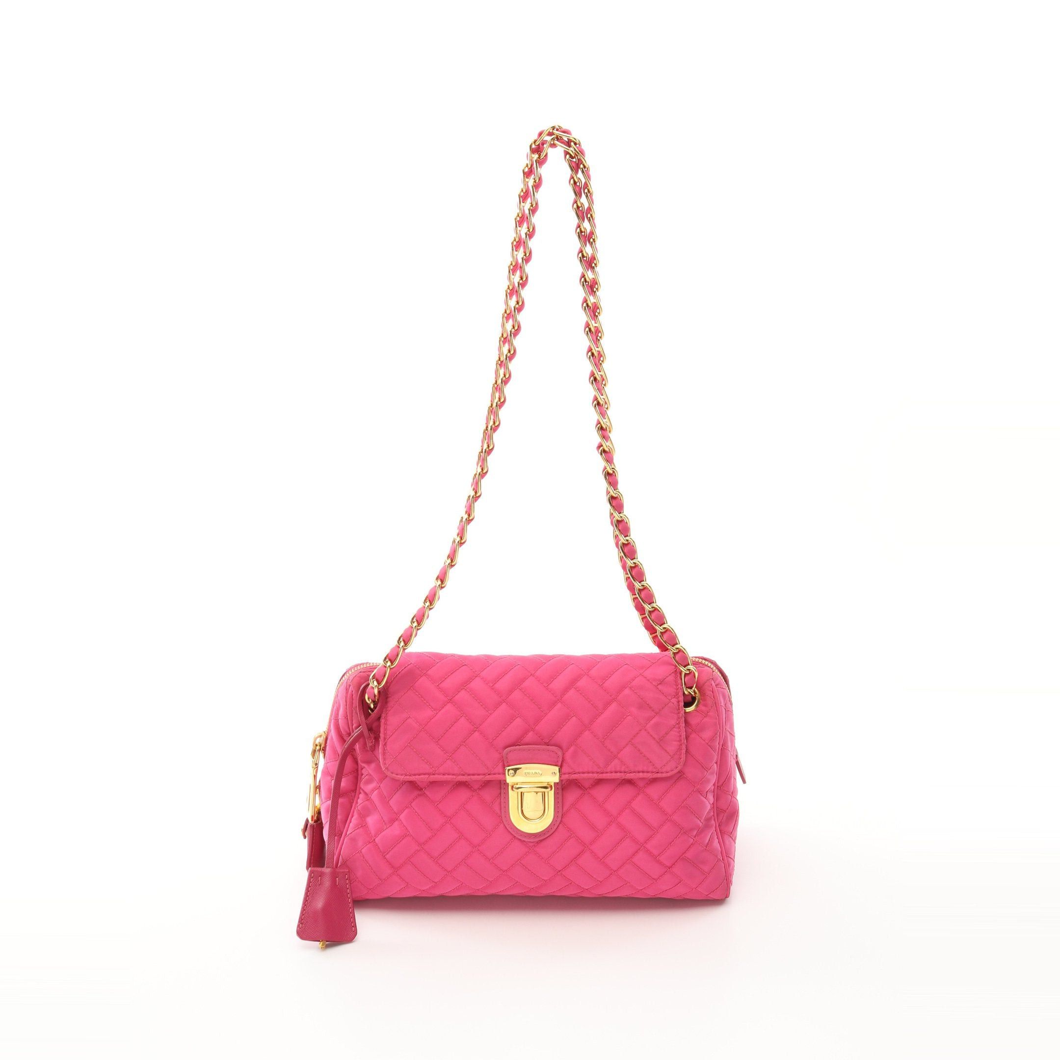 Prada Tessuto Impuntu Chain Shoulder Bag Nylon Saffiano Leather Pink