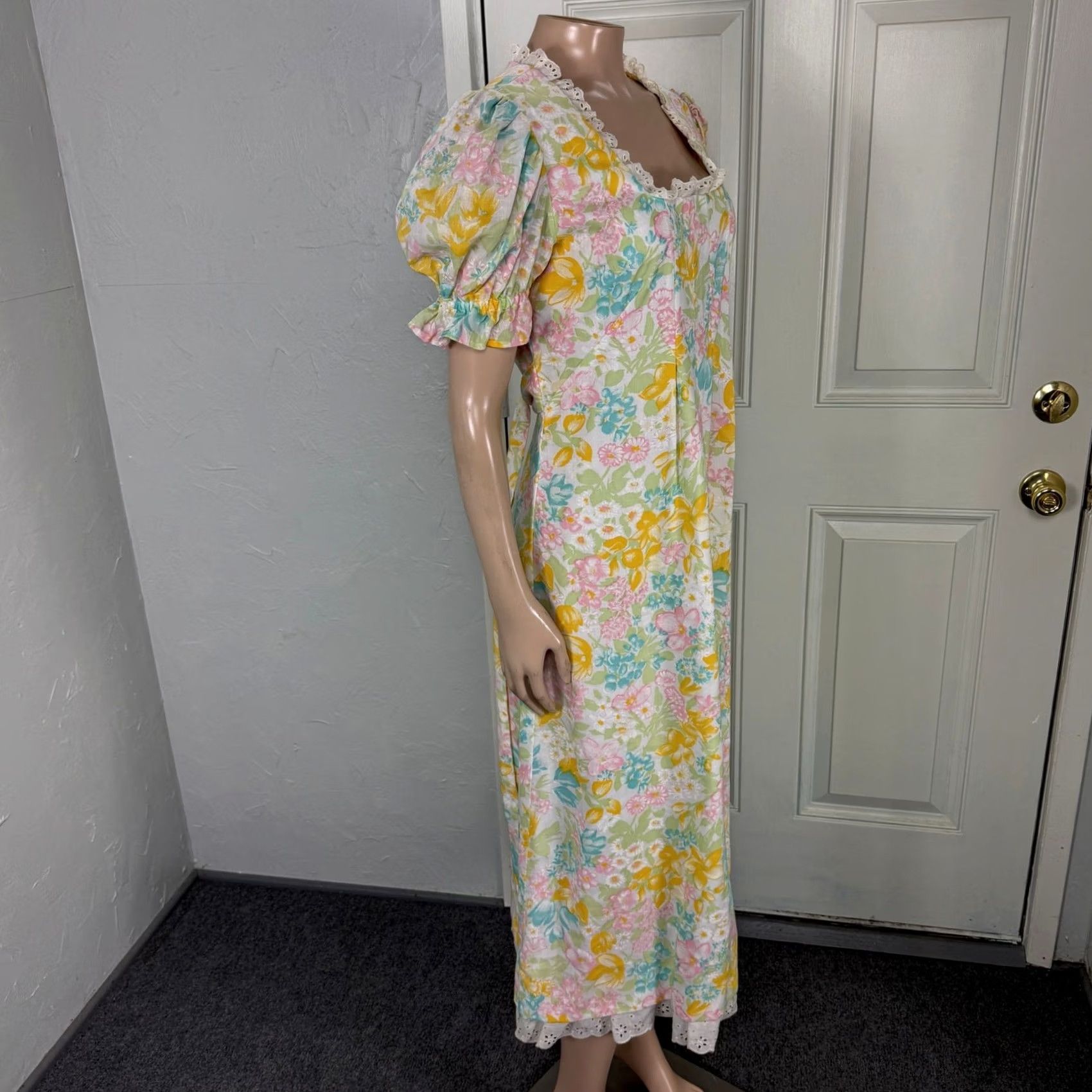 Vintage VINTAGE Handmade Women's Dress Floral Cotton Prairie Lace Cottage 70s Tea Dress Bohemian Yellow One Size Regular Dress Women Size ONE SIZE - 7 Thumbnail