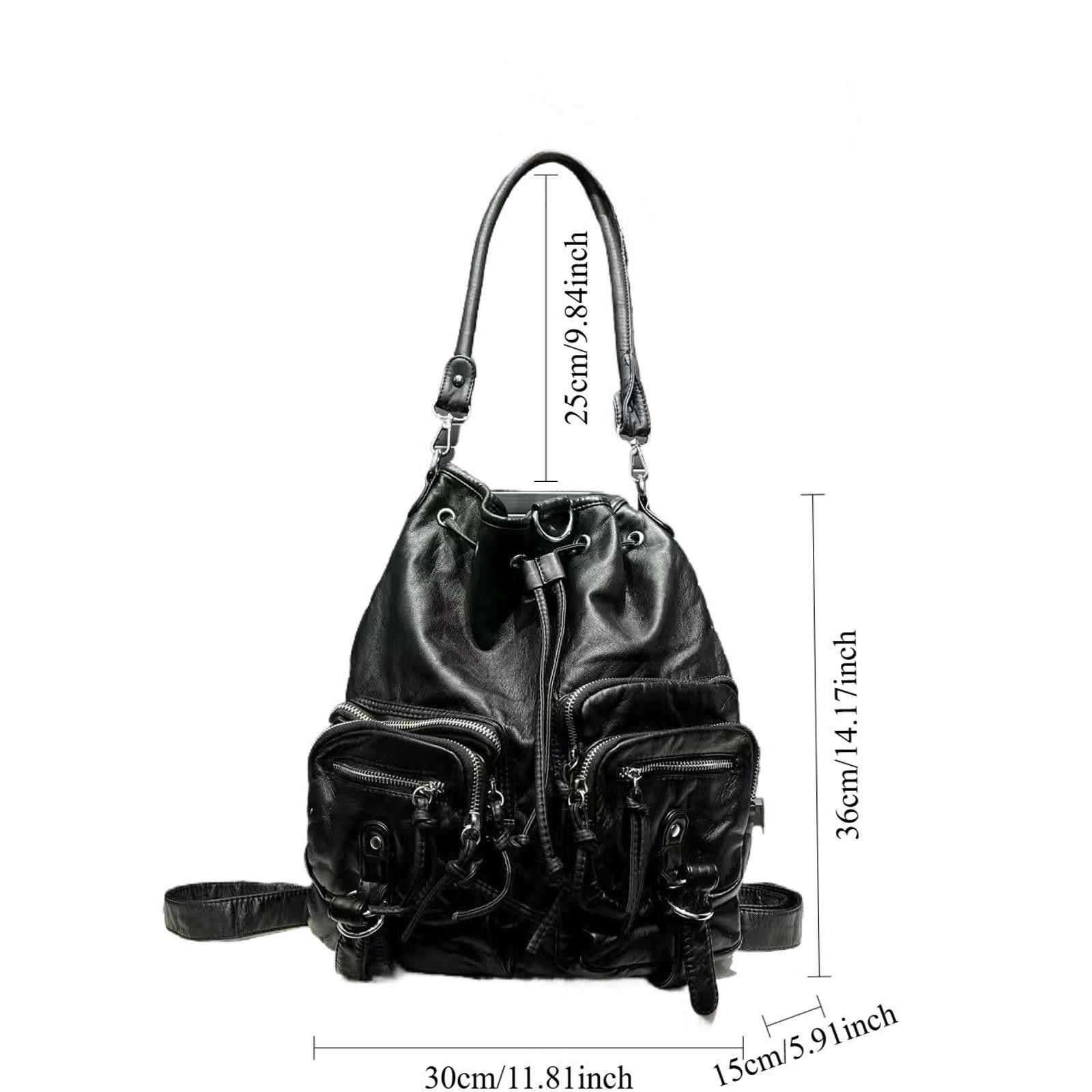 Leather Black Multi-Pocket Drawstring Leather Bag Size ONE SIZE - 5 Thumbnail