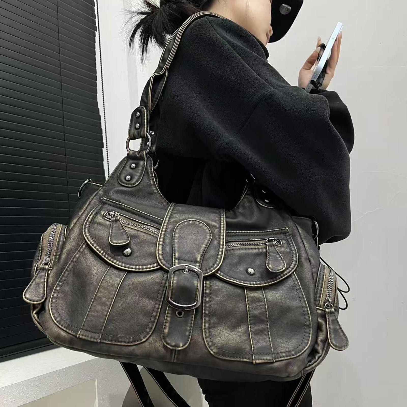Vintage Black Vintage Style Buckled Leather Handbag, Shoulder Bag Size ONE SIZE - 4 Thumbnail