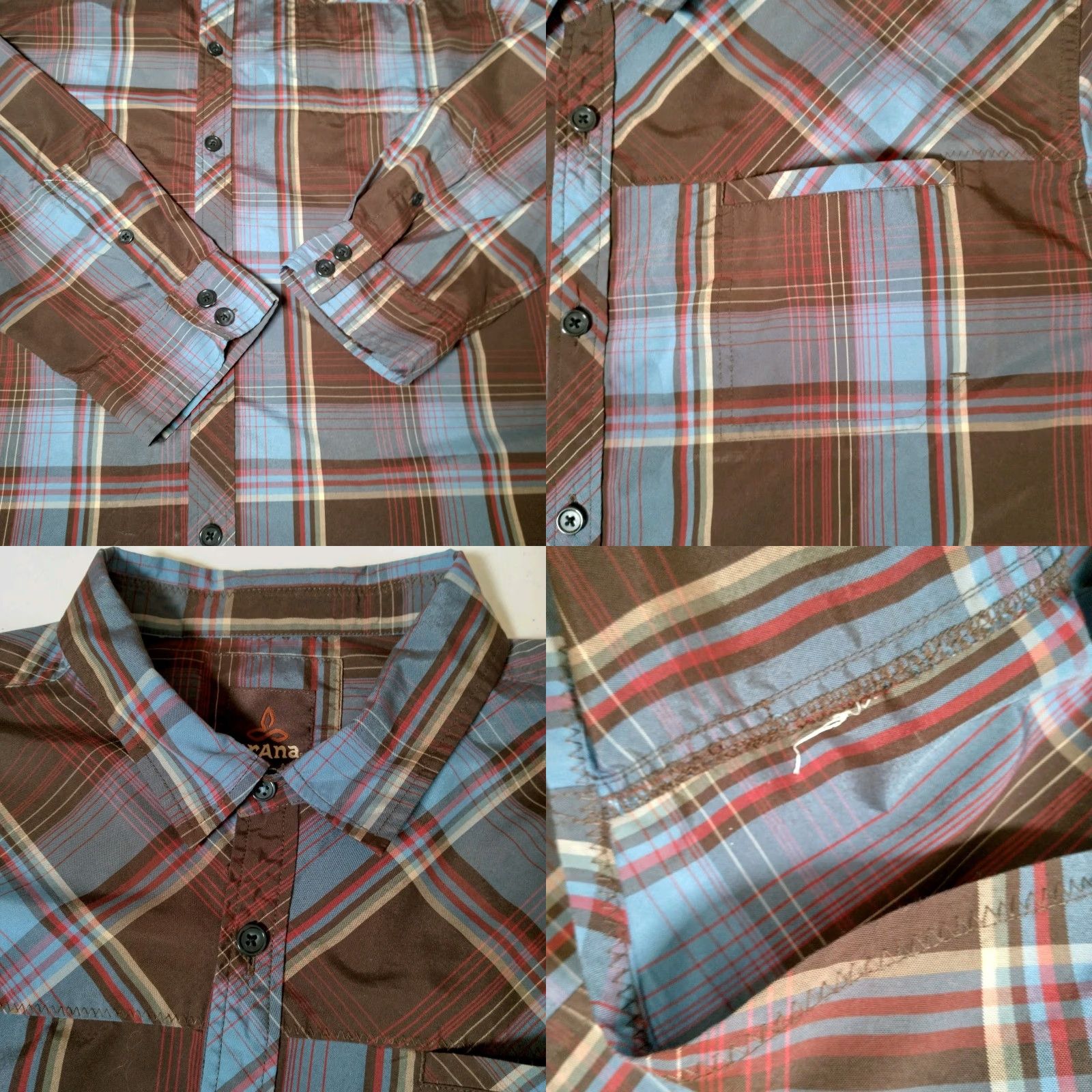 Prana prAna Shirt Men XXL Button Up Collared Long Sleeve Blue Brown Plaid Outdoorsy Size US XXL / EU 58 / 5 - 8 Thumbnail
