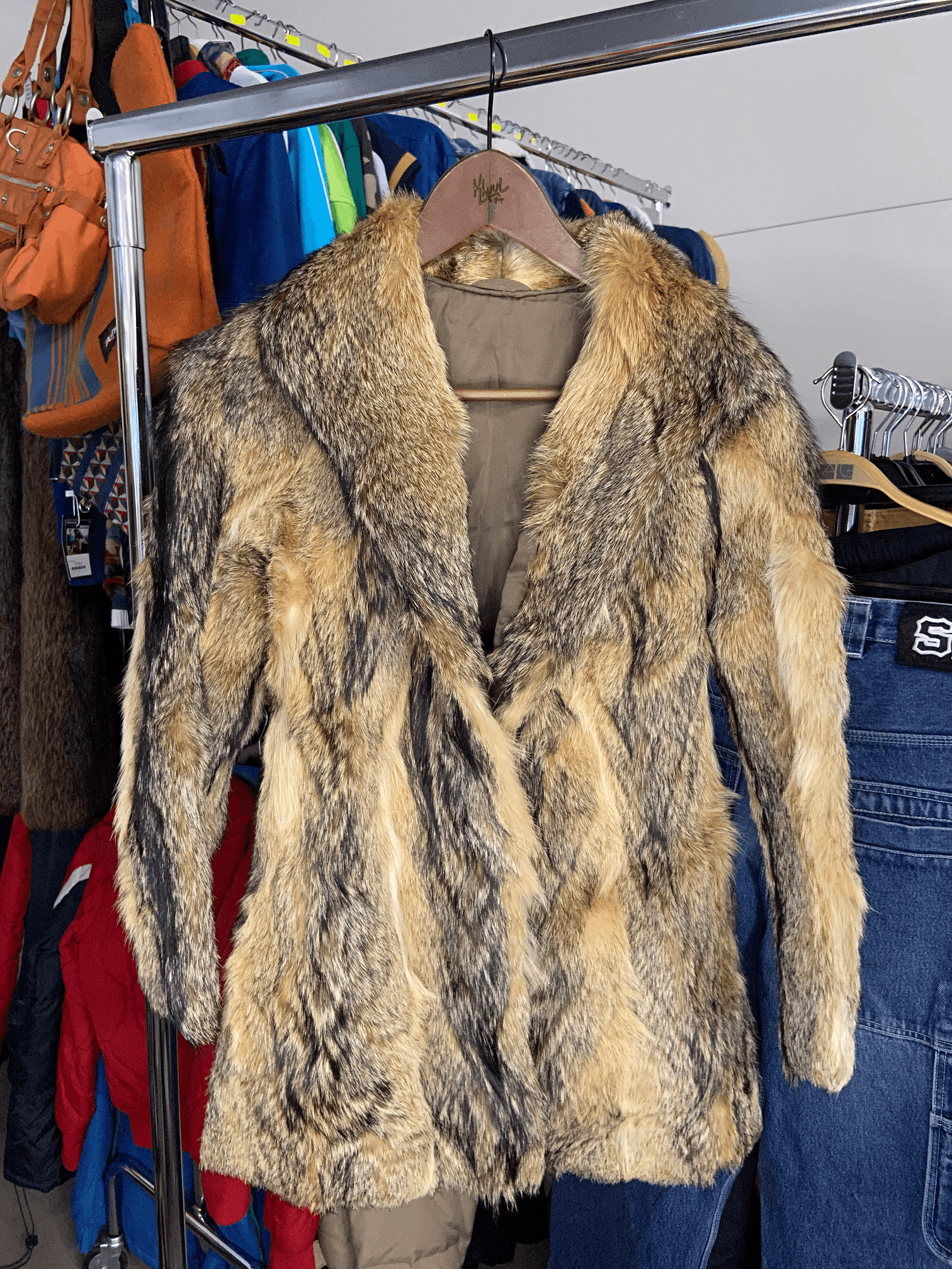 image of Vintage Short Multicolor Wolf Coyote Fur Overcoat Jacket in Brown, Women's (Size Medium)