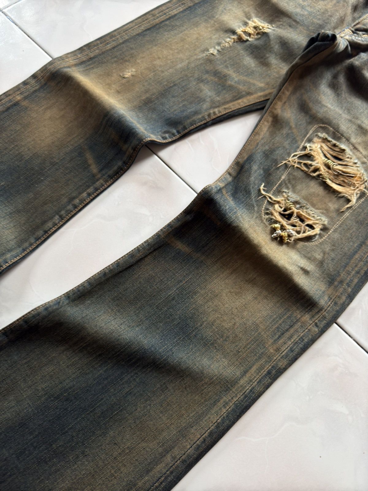 If Six Was Nine Rare Edwin 535 Pierced & Studs Heavy Mud Wash Flared Jeans Size US 32 / EU 48 - 5 Thumbnail