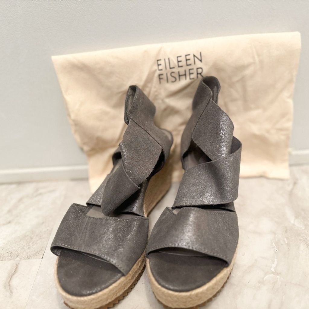 Eileen Fisher Pewter high quality Leather Metallic Espadrille Wedge Sandals Size 8.5