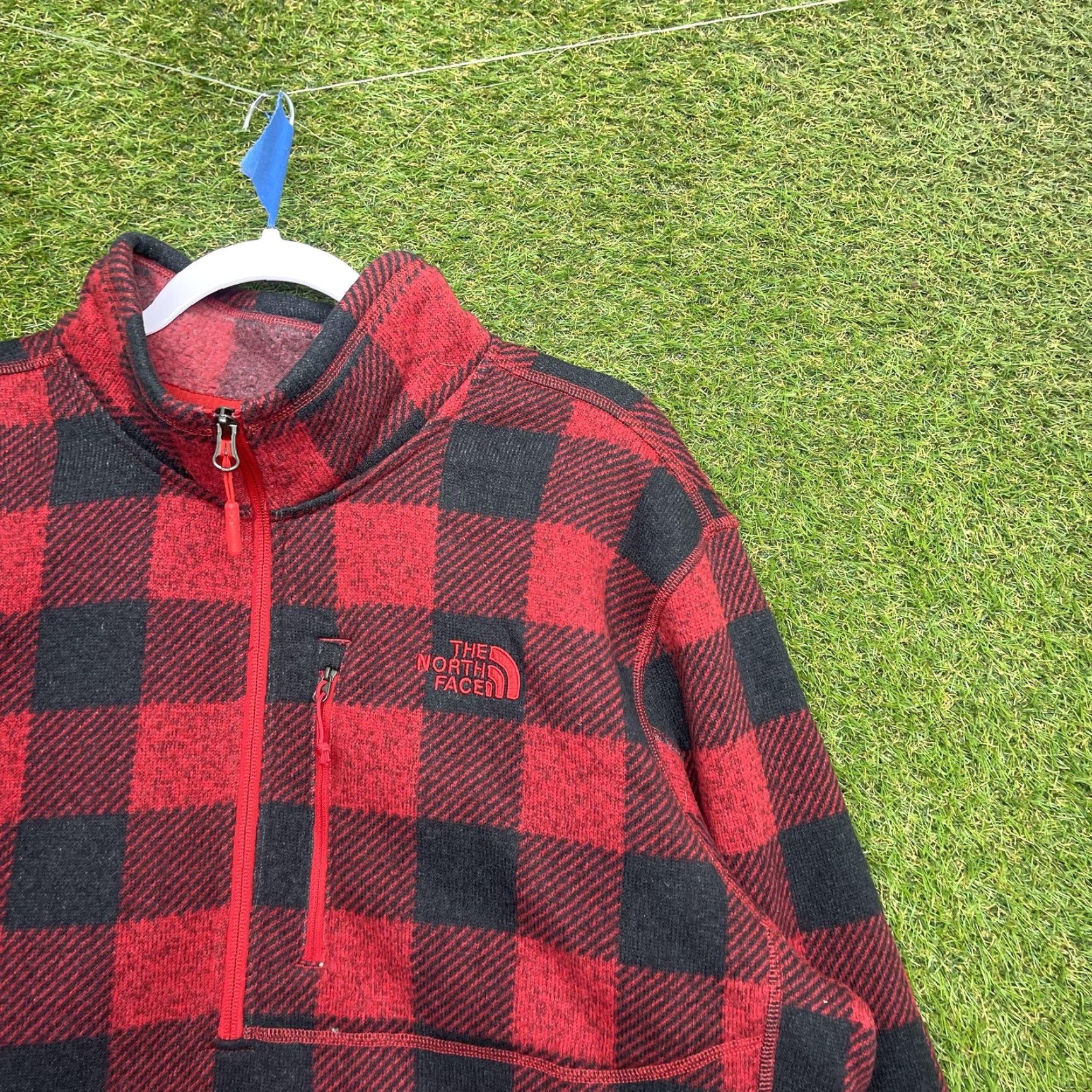 North Face Mens Sweatshirt XL Red Black Plaid Fleece 1/4 Zip Pullover Outdoor