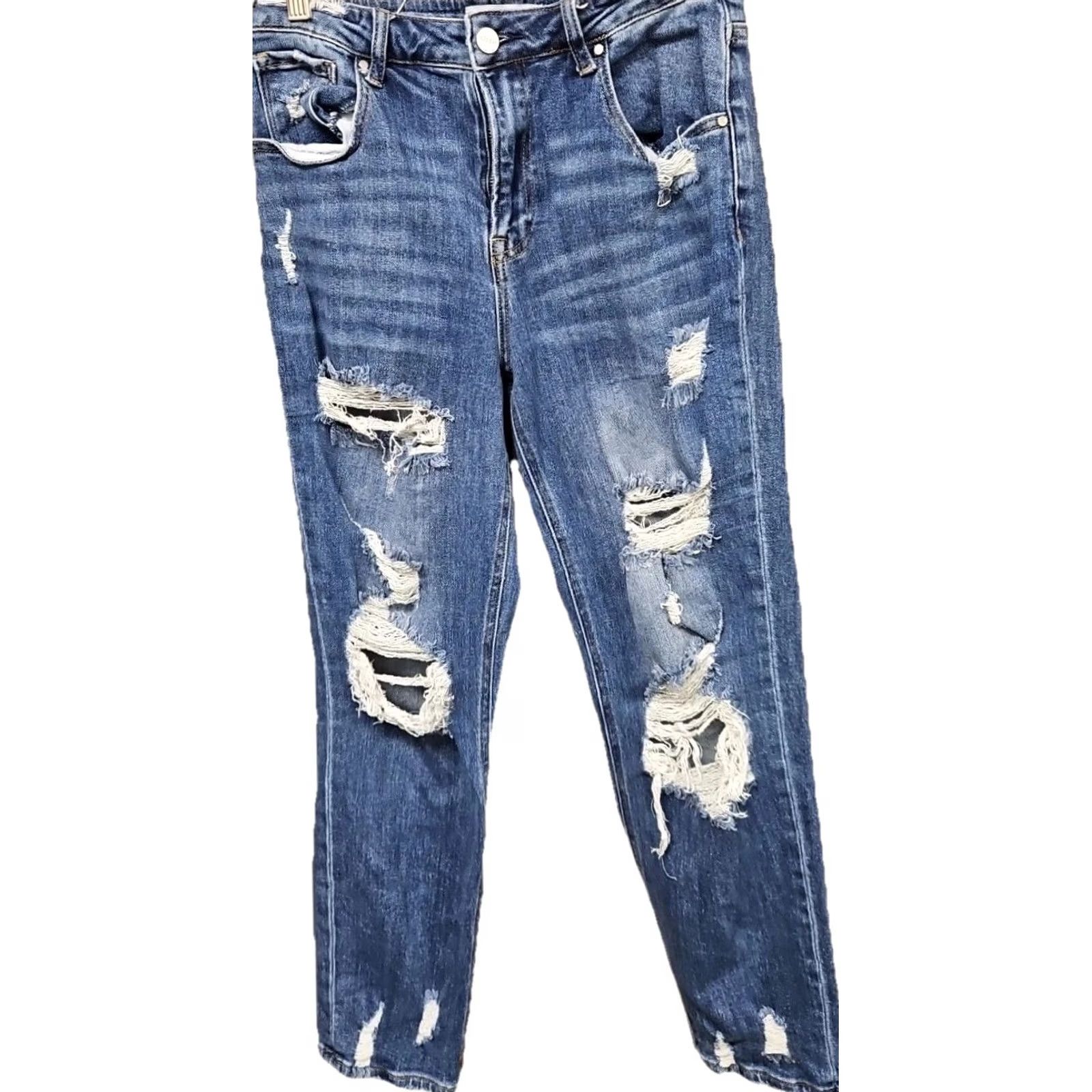 Vintage RISEN Jeans Distressed Mid-Rise Raw Hem Skinny Y2K Women’s Size 7/28 Denim Blue Distressed Regular Rise 28W 26L Jeans Women Size 28" / US 6 / IT 42 - 2 Thumbnail