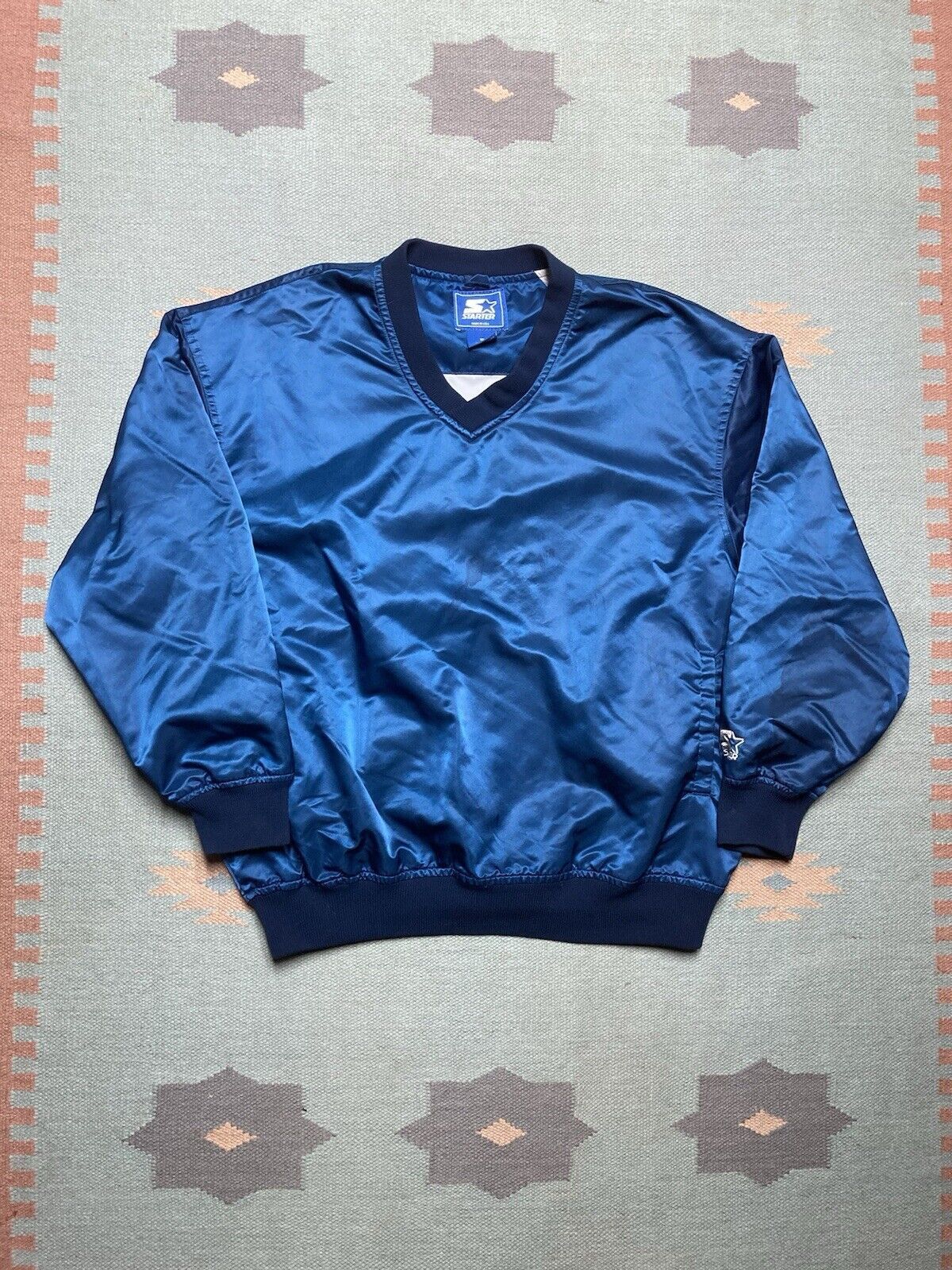 Starter × Vintage VTG starter satin jacket v neck blank navy blue baseball XL Size US XL / EU 56 / 4 - 1 Thumbnail