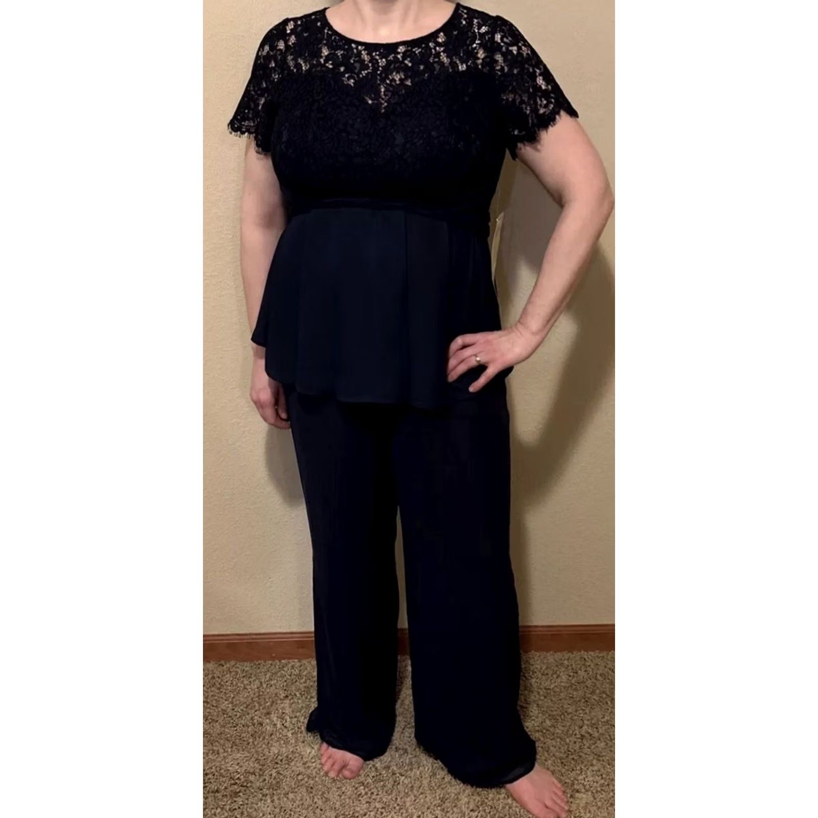 Vintage Roaman’s Blue Lace 2 Piece Set Bottom 14 Top 16W Pant Suit 2005 Women’s Vintage Mature Bride Mother Of Bride N/A Size 36R - 2 Thumbnail