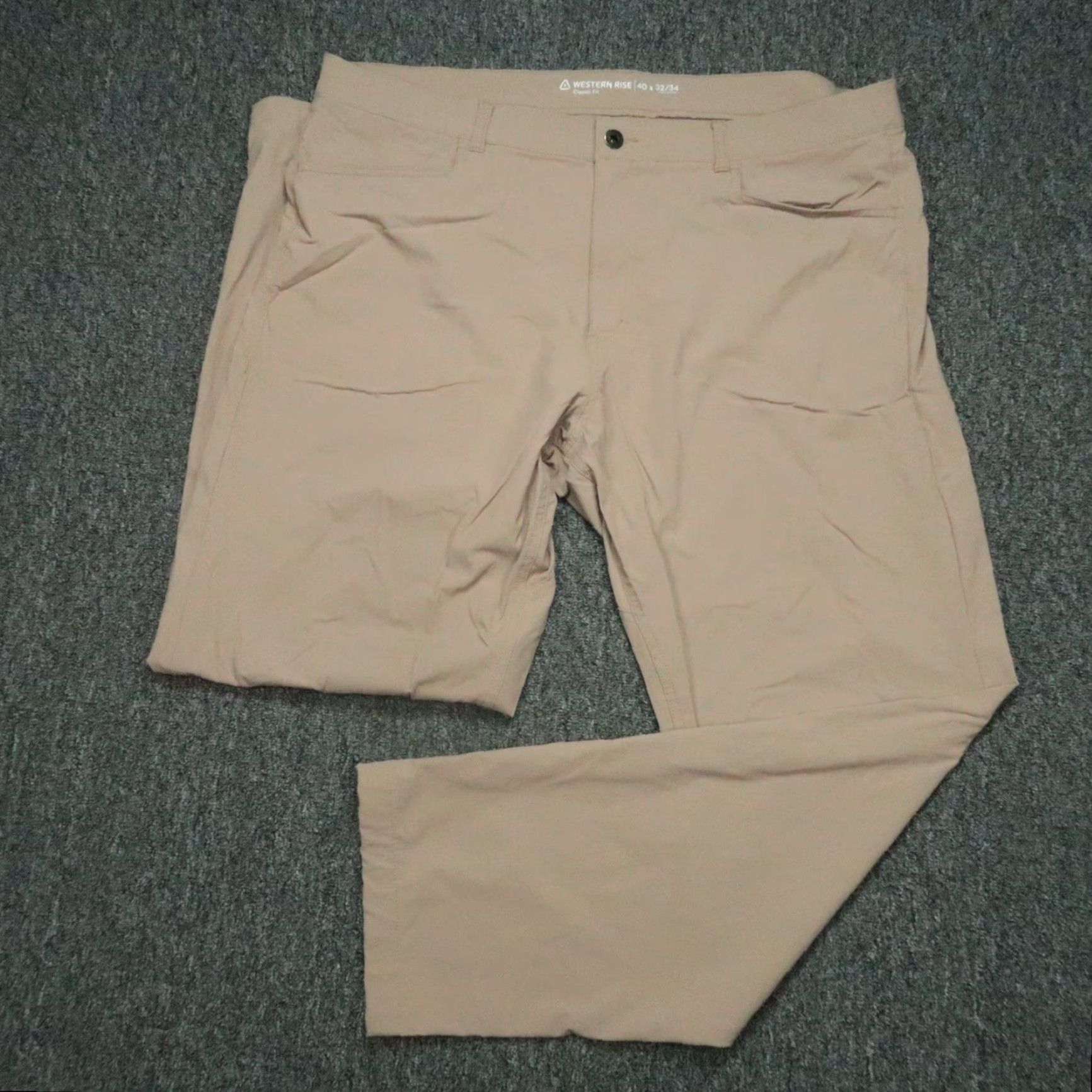 Vintage Western Rise Pants Mens 40x33 Khaki Tan Evolution Chino 5 Pocket Stretch Regular Inseam 33 Button Zip Belt Loops 5-Pocket Design Nylon Spandex Beige Size US 40 / EU 56 - 2 Thumbnail