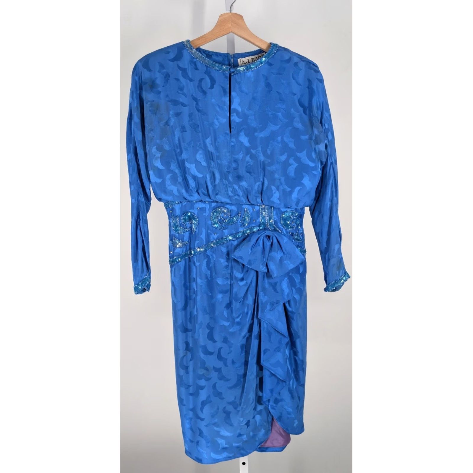 Vintage Vintage 80s A.J. Bari Petites Silk Jacquard Beaded Cocktail Dress Blue 12 Size XL / US 12-14 / IT 48-50 - 2 Thumbnail