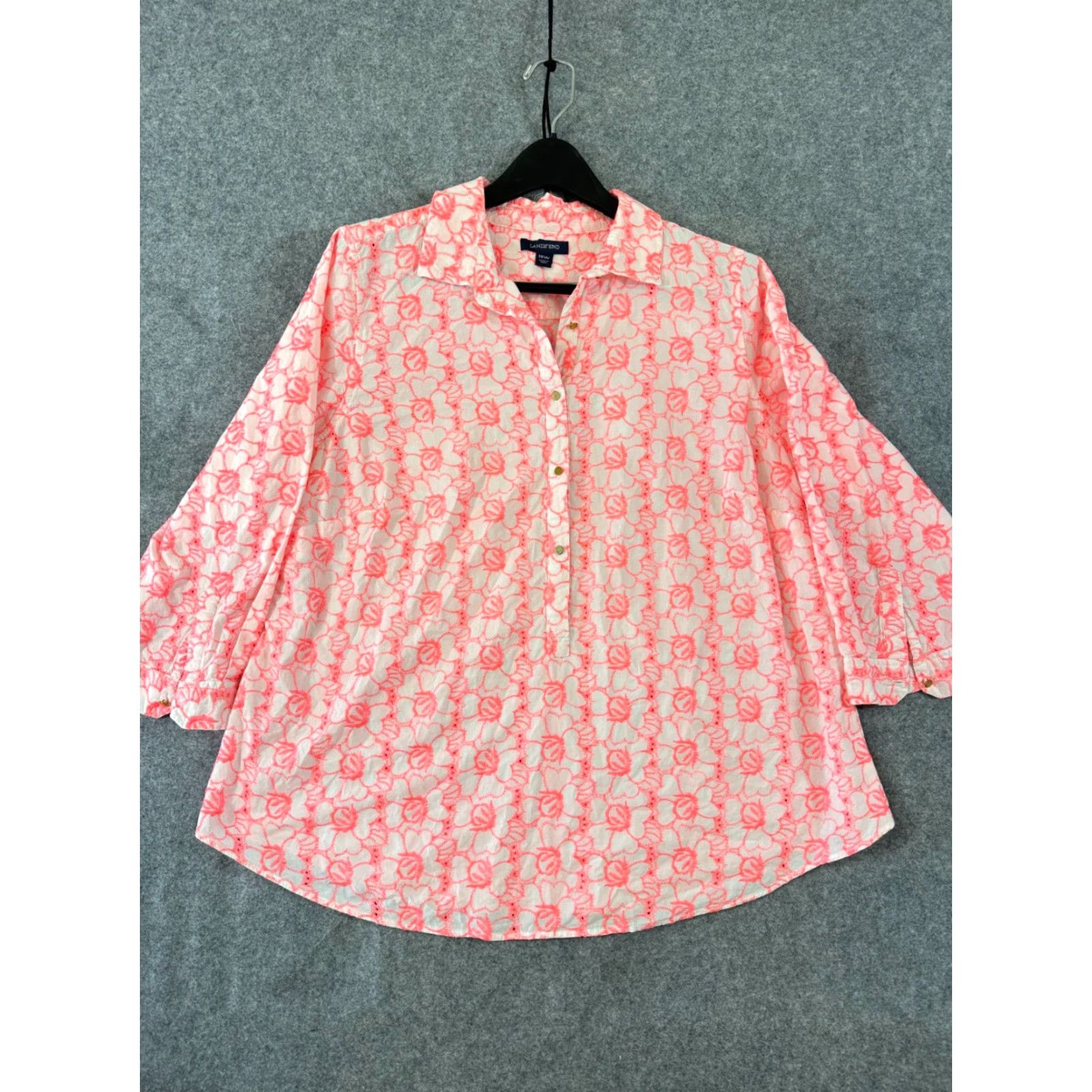 Lands' End Lands' End Shirt Top Womens 18W Hot Pink Floral Embroidered Boho 3/4 Sleeve Collared Shirt Top Womens 18W Size XXL / US 16-18 / IT 52-54 - 3 Thumbnail