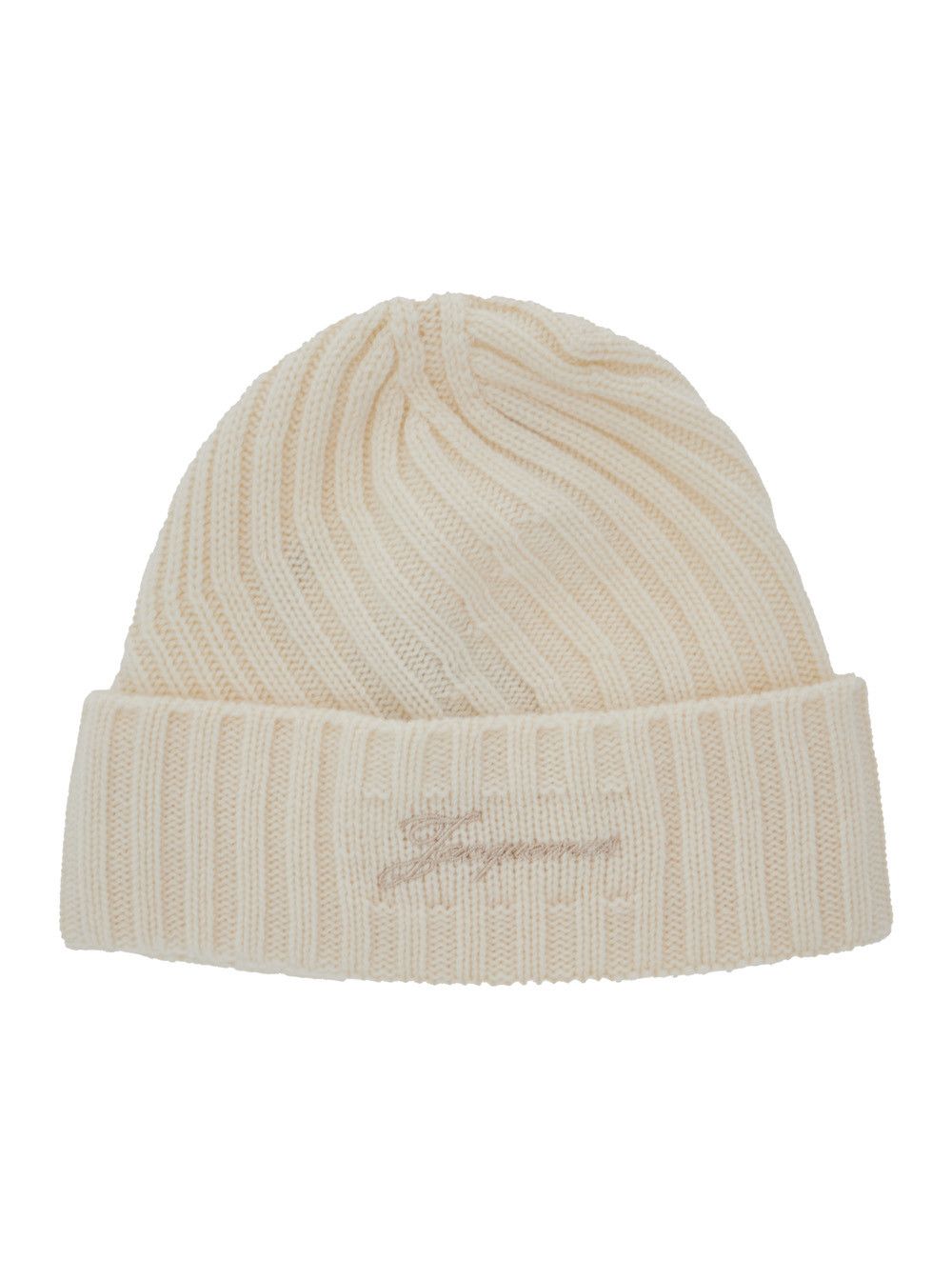 Jacquemus 'Le Bonnet Tourni' White Beanie with Turn-Up Brim and Logo Lettering on the Front in Wool Man Size ONE SIZE - 1 Thumbnail