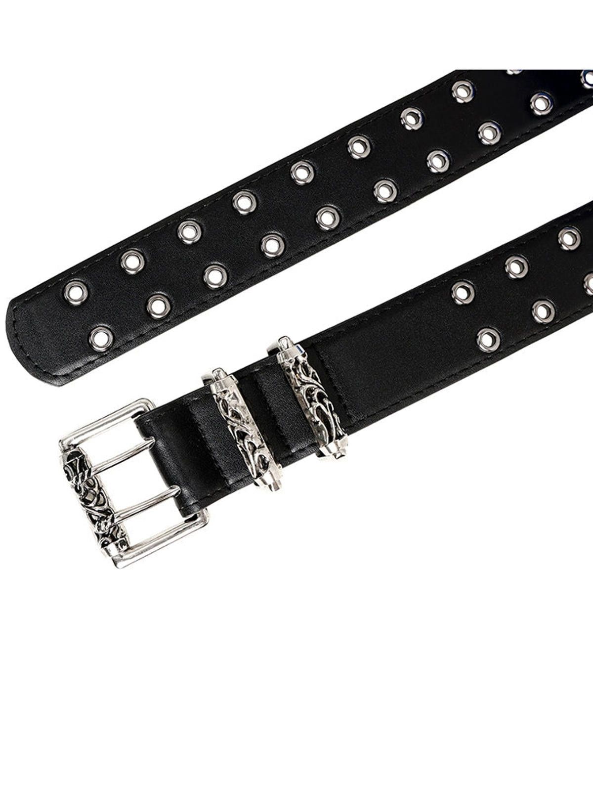Leather Black Leather Grommet Belt with Heavy-Duty Silver Buckle Size ONE SIZE - 4 Thumbnail